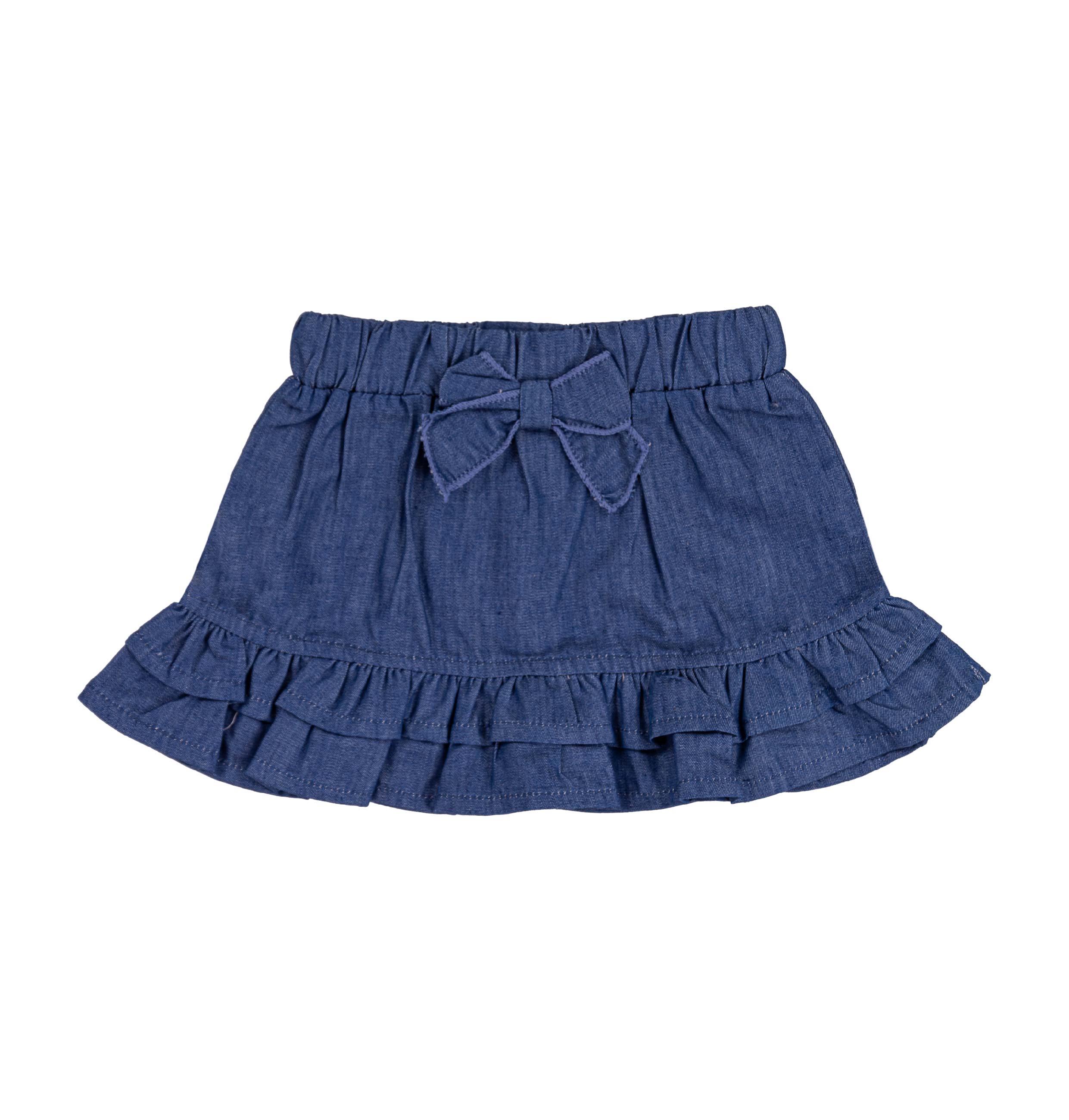 Gonna Bimba in Denim Leggero di Cotone con Fiocco e Doppia Balza