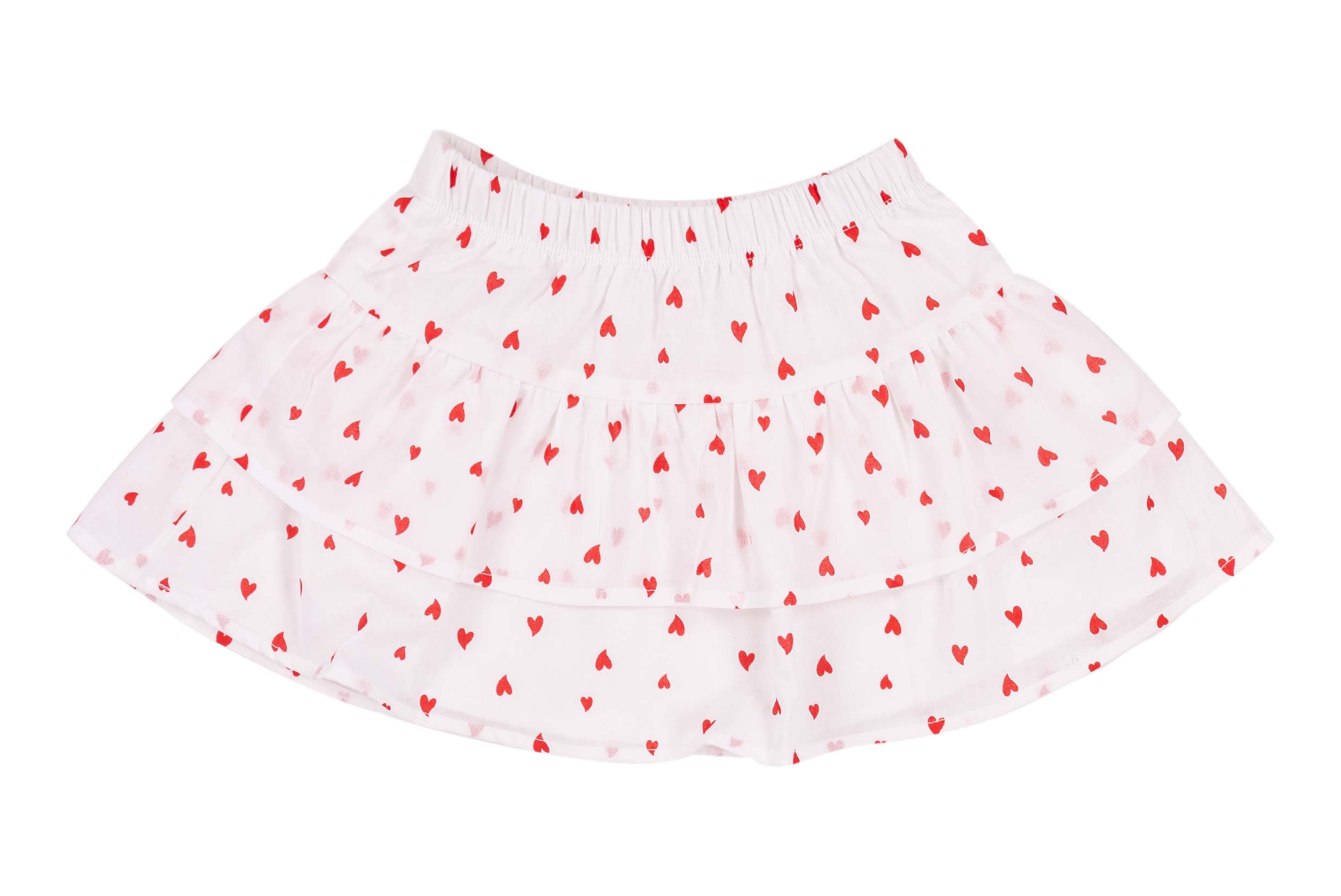 Gonna Bimba in Cotone a Tre Balze con Stampa Cuoricini Rossi
