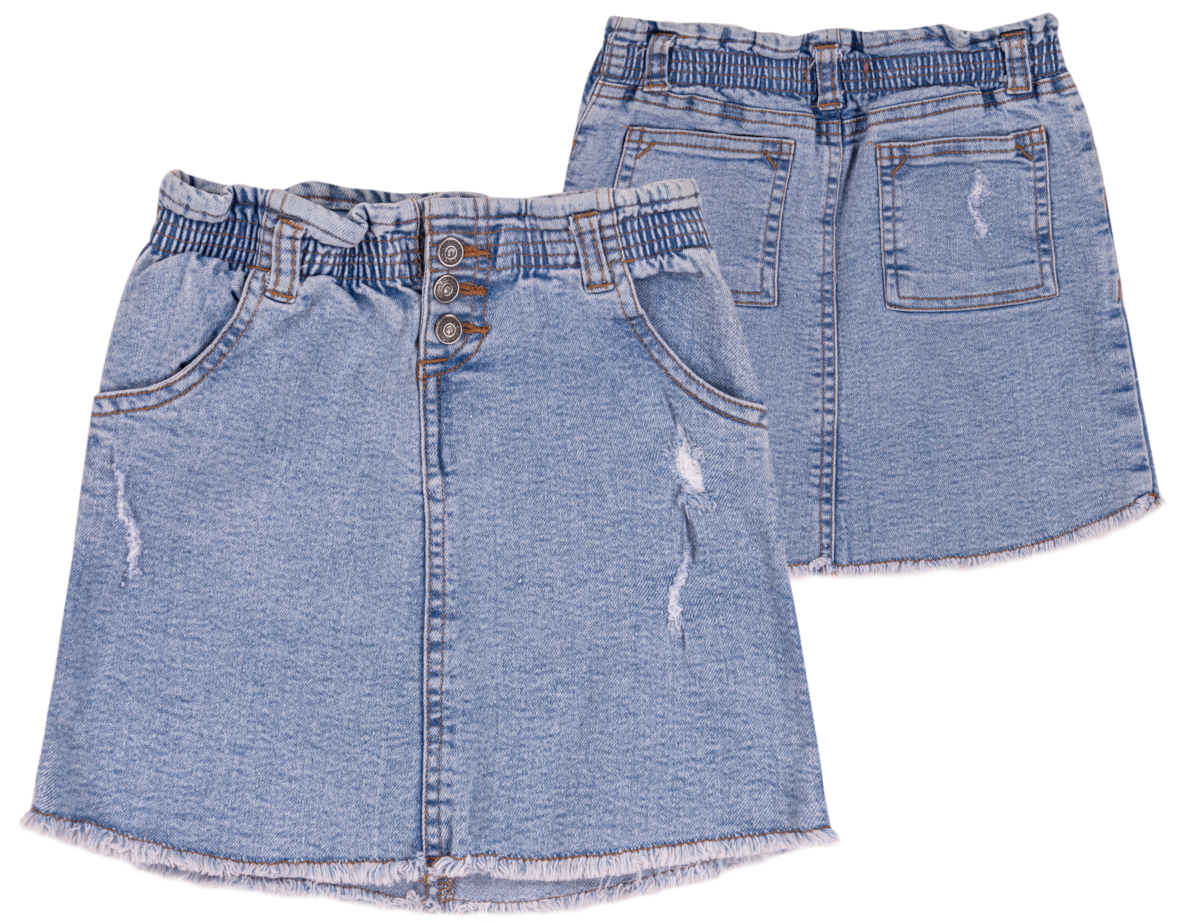 Gonna Bimba Denim Stretch con Effetto Consumato e Bordo Frangiato