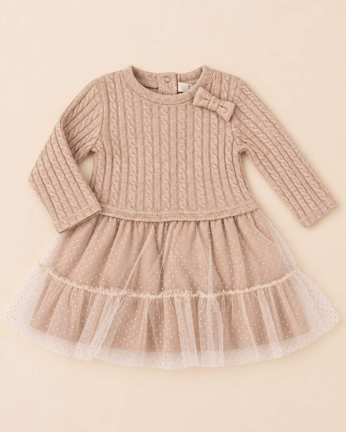 Vestitino Bimba Beige in Maglia con Gonna in Tulle
