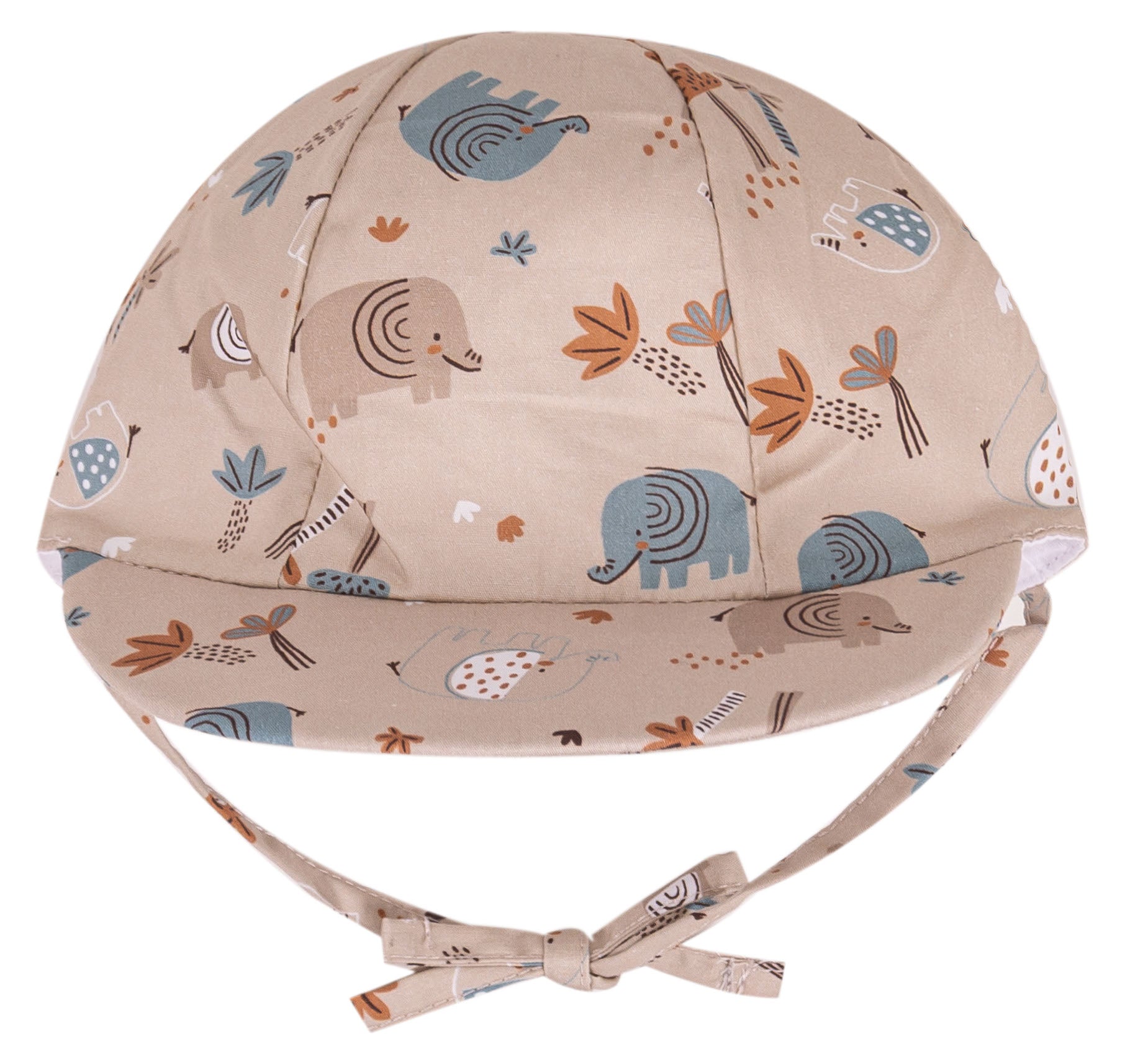 Cappello Bambino in 100% Cotone Beige con Stampa Elefanti e Laccetti