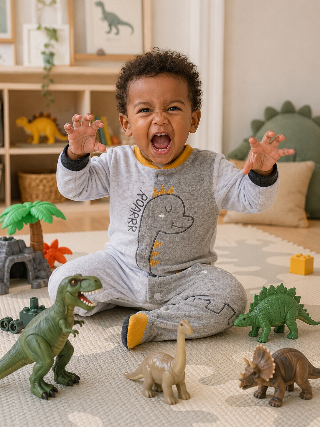 Tutina Neonato in Ciniglia con Piedini e Dinosauro