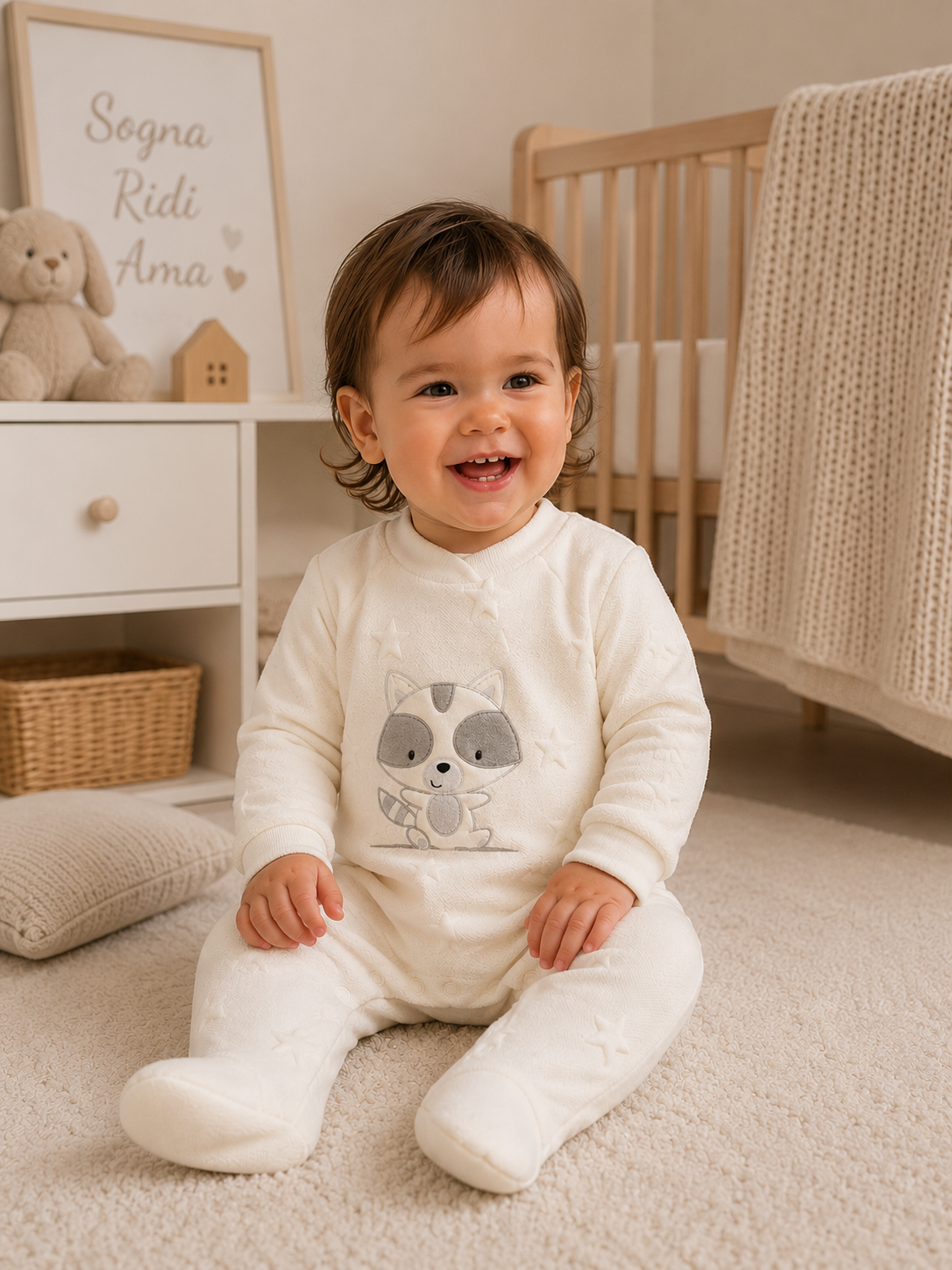 Tutina Neonato Unisex con Piedini in Ciniglia Effetto Stelle e Procione