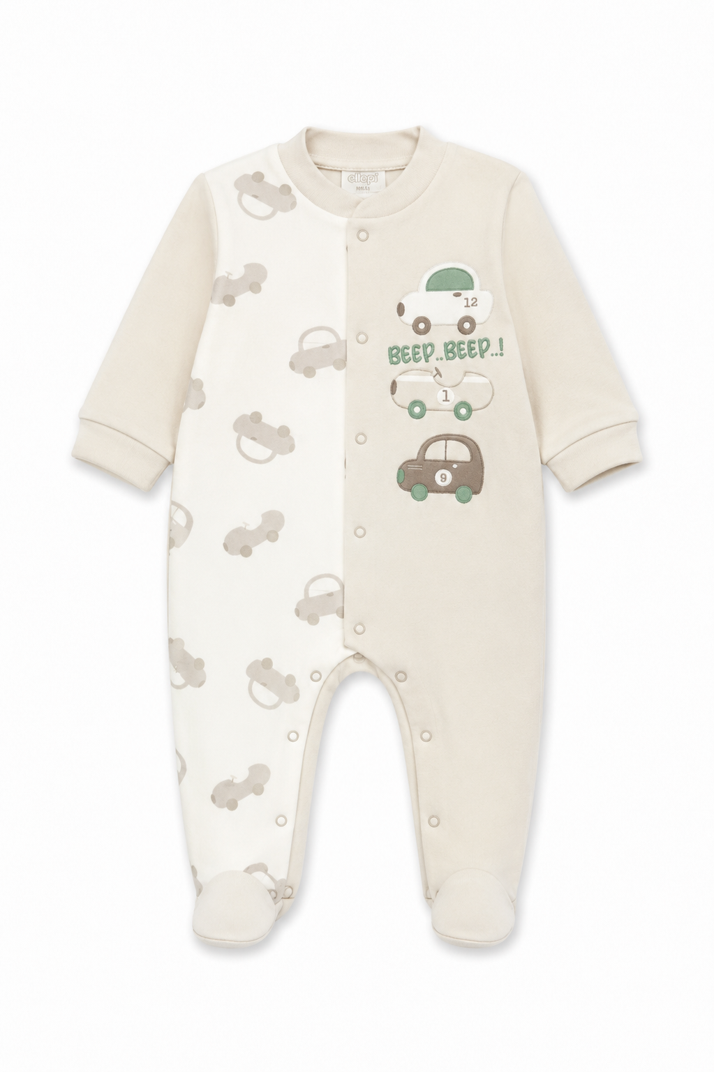 Tutina Neonato in Interlock di Cotone con Piedini e Fantasia Macchinine