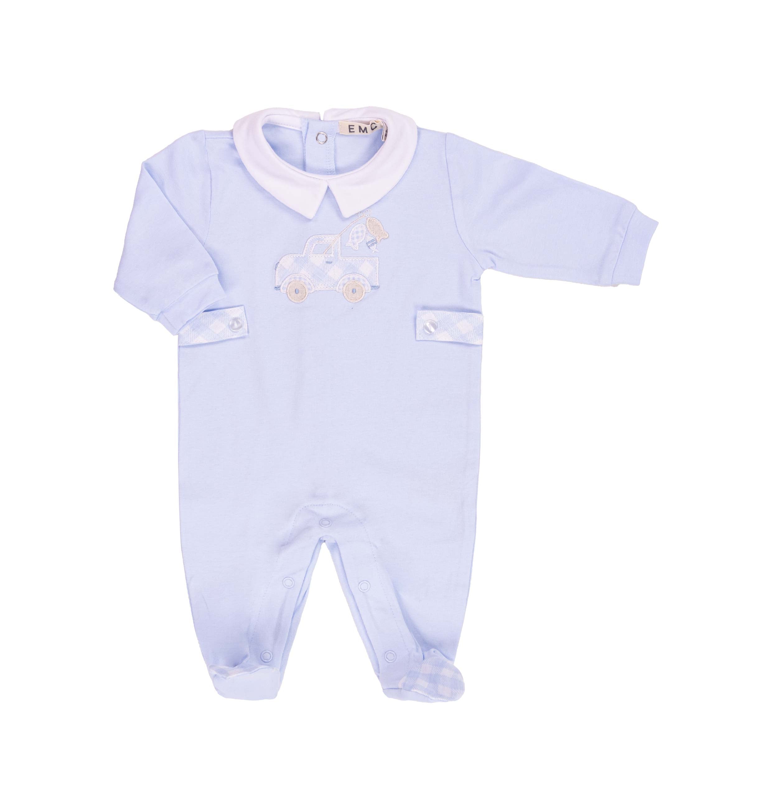 Tutina Neonato EMC in Cotone Celeste | Pagliaccetto con Colletto e Dettaglio Furgoncino