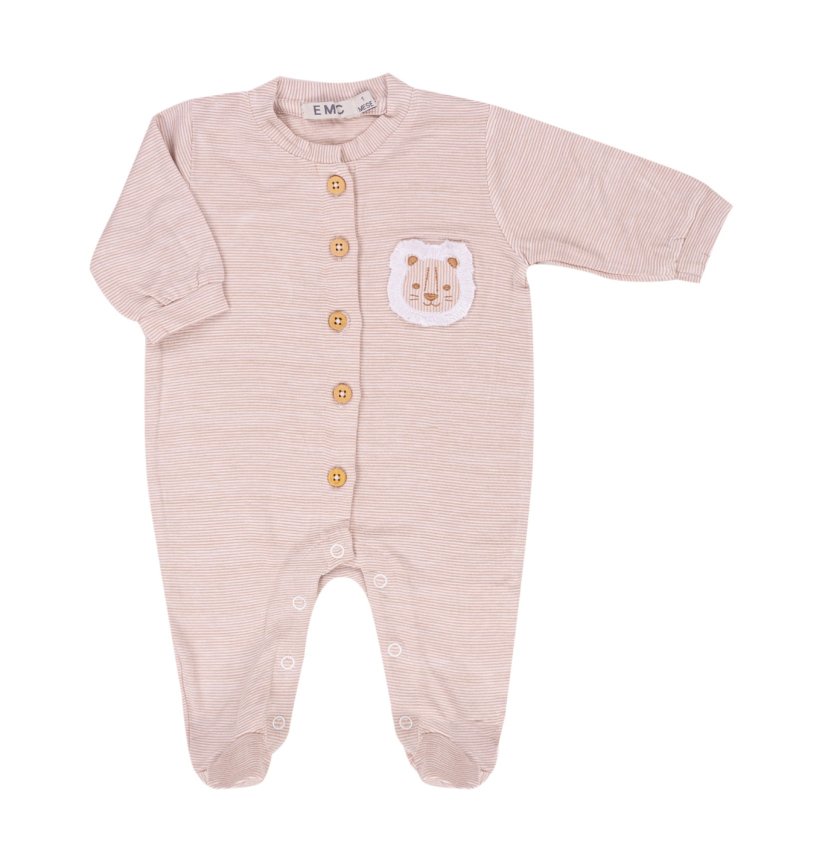 Tutina Neonato EMC in Cotone a Righe | Pagliaccetto Beige con Leoncino