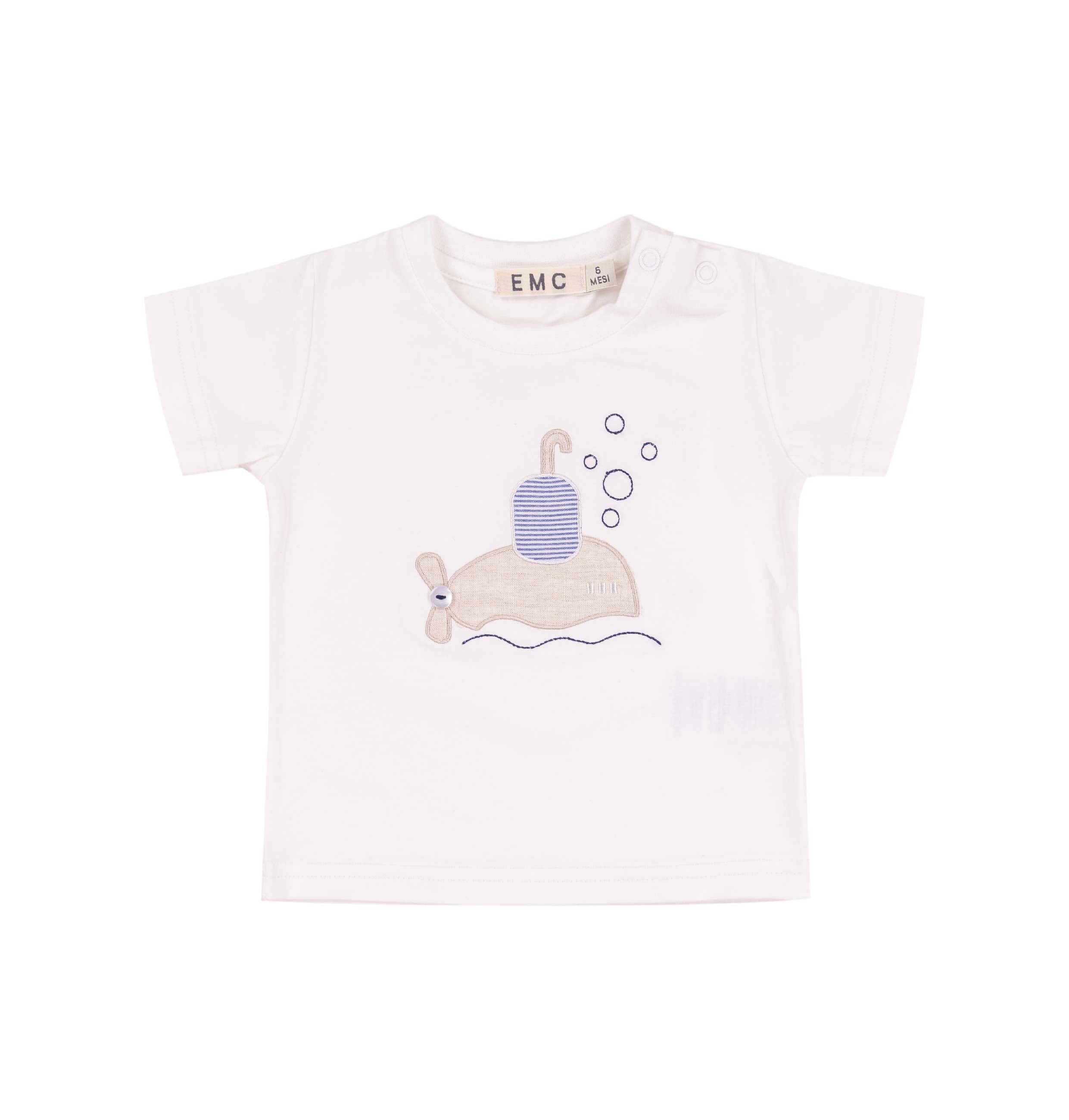 T-Shirt Bambino in Cotone Elasticizzato con Applicazione Sottomarino