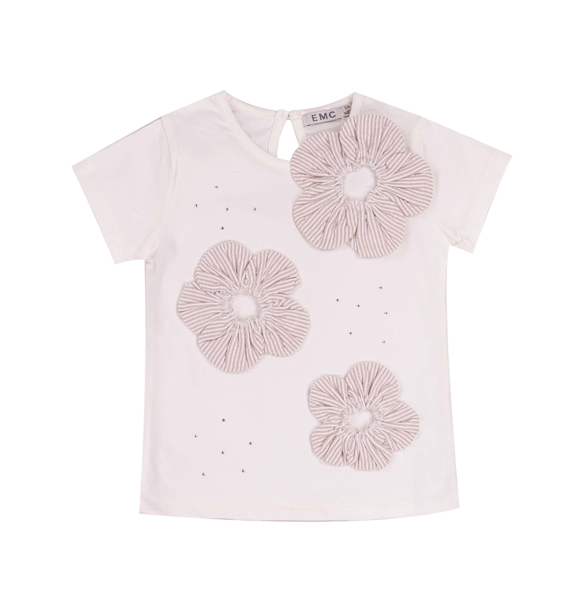 T-Shirt Bambina in Cotone Elasticizzato con Fiori in Rilievo e Strass