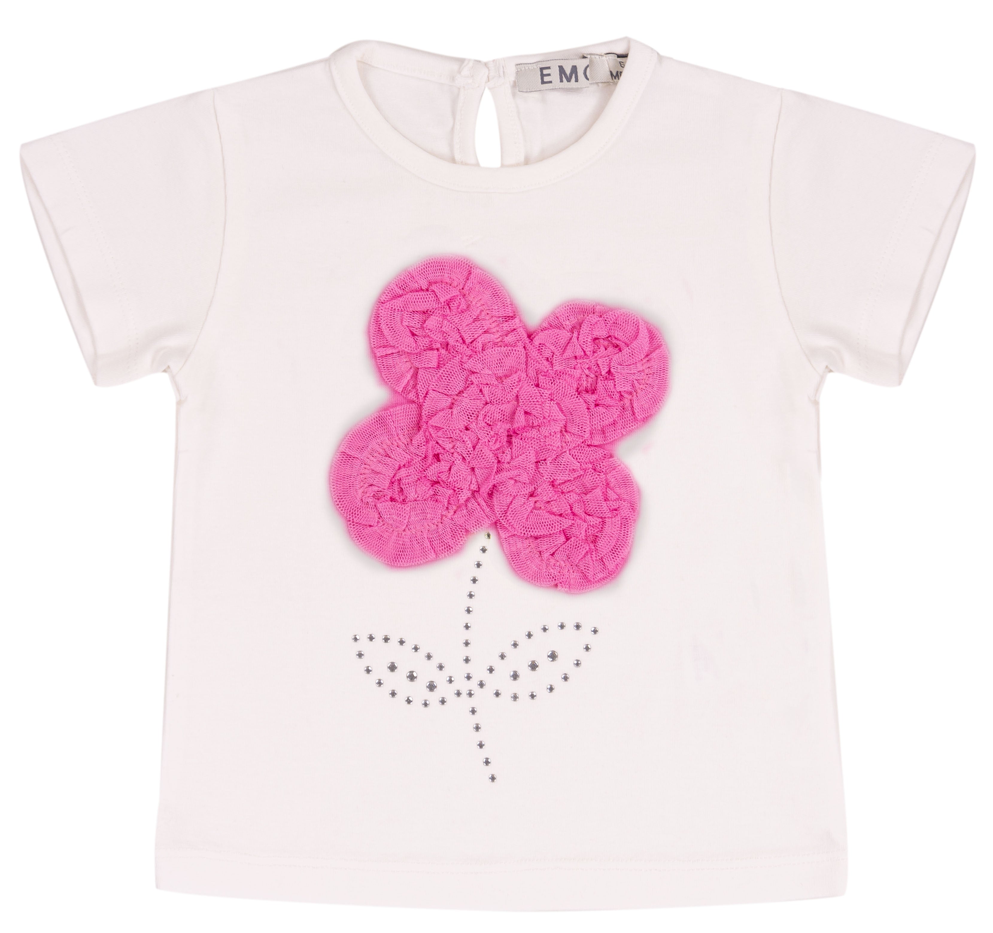 T-shirt Bimba in Cotone Elasticizzato con Fiore in Tulle e Strass