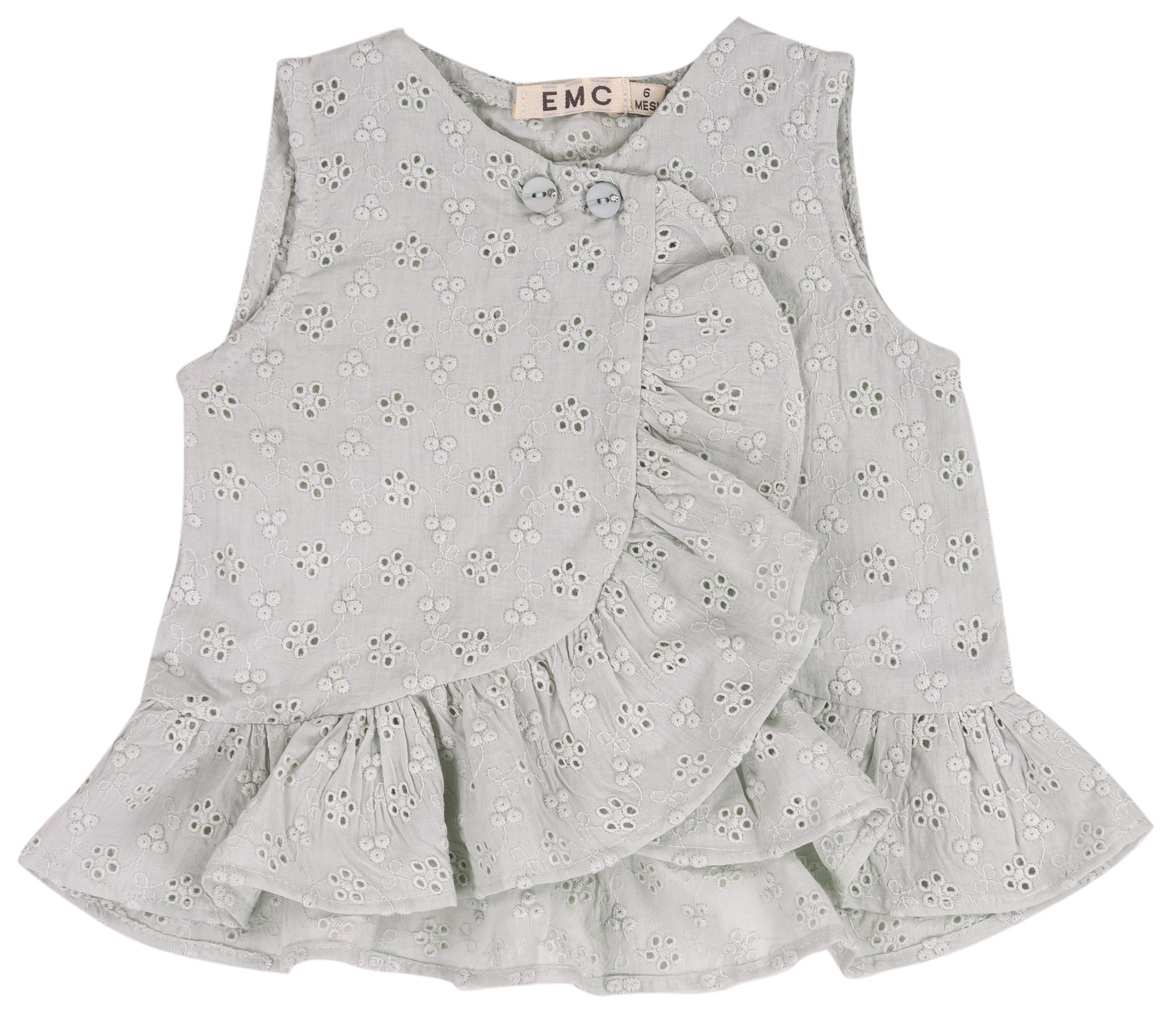 Top Smanicato Bimba in Cotone Sangallo Verde Acqua con Volant