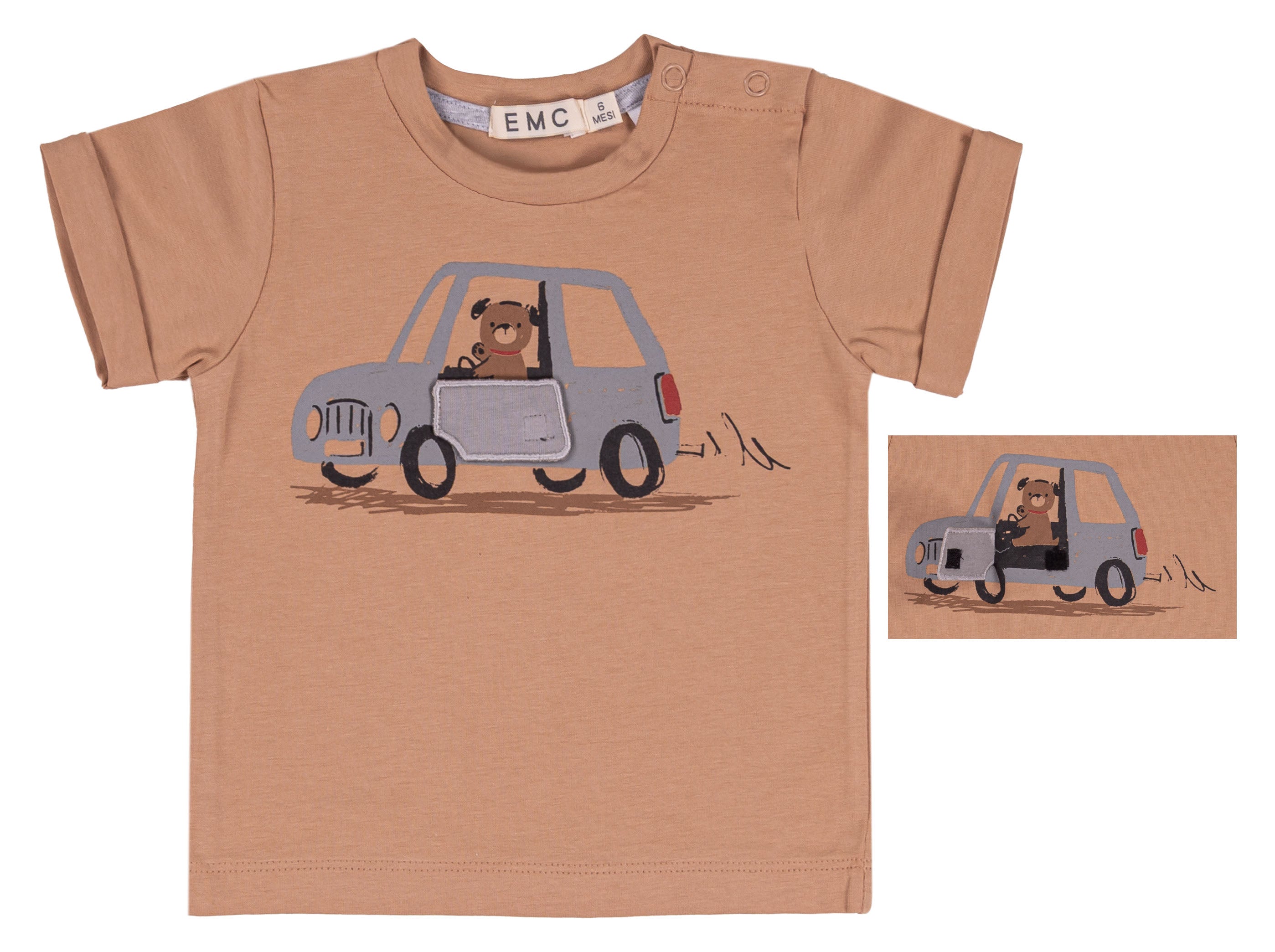 T-shirt Bambino Bianca con Stampa Cagnolino in Auto