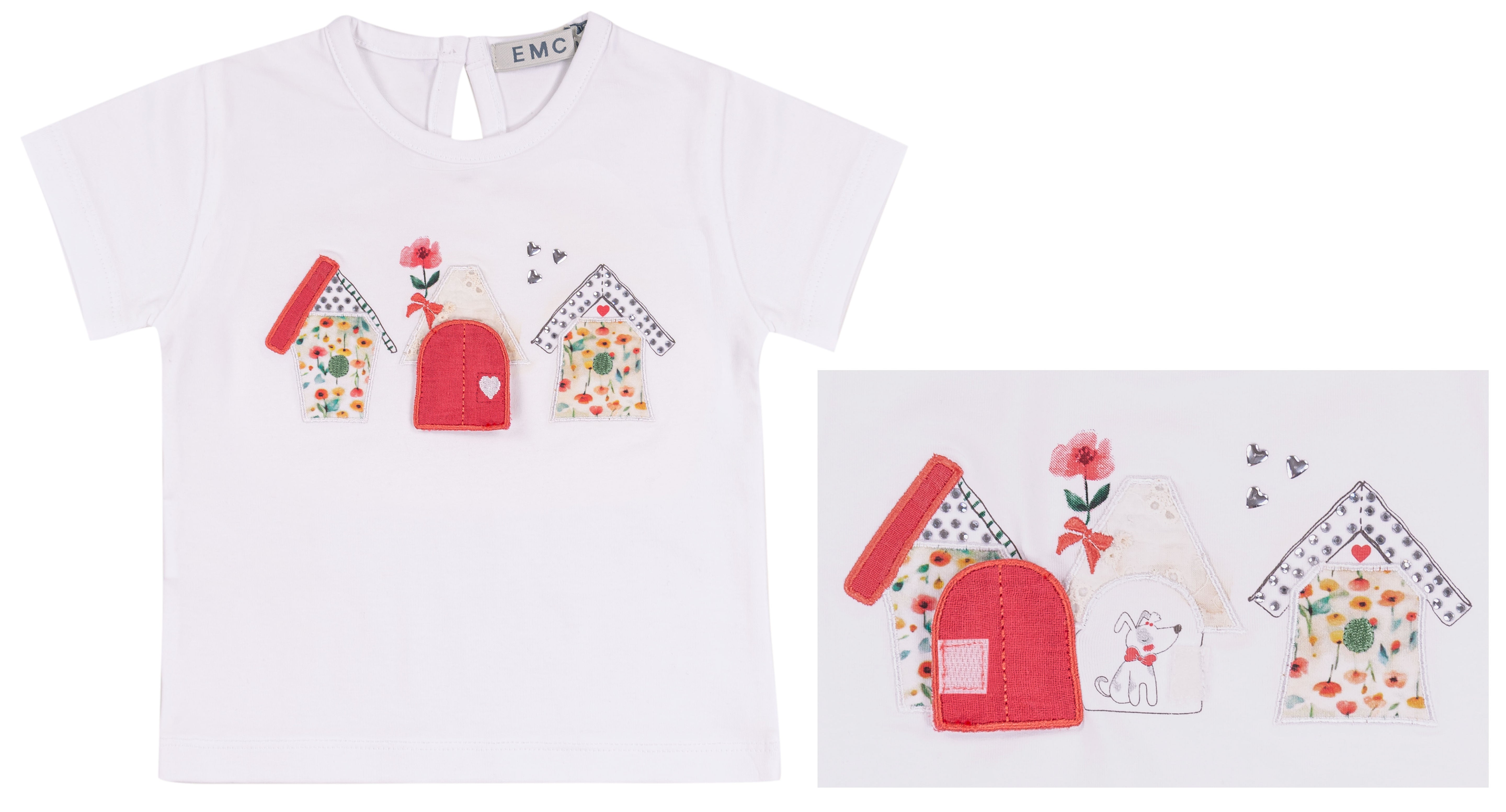 T-shirt Bimba in Cotone Bianco con Applicazioni Casette e Strass