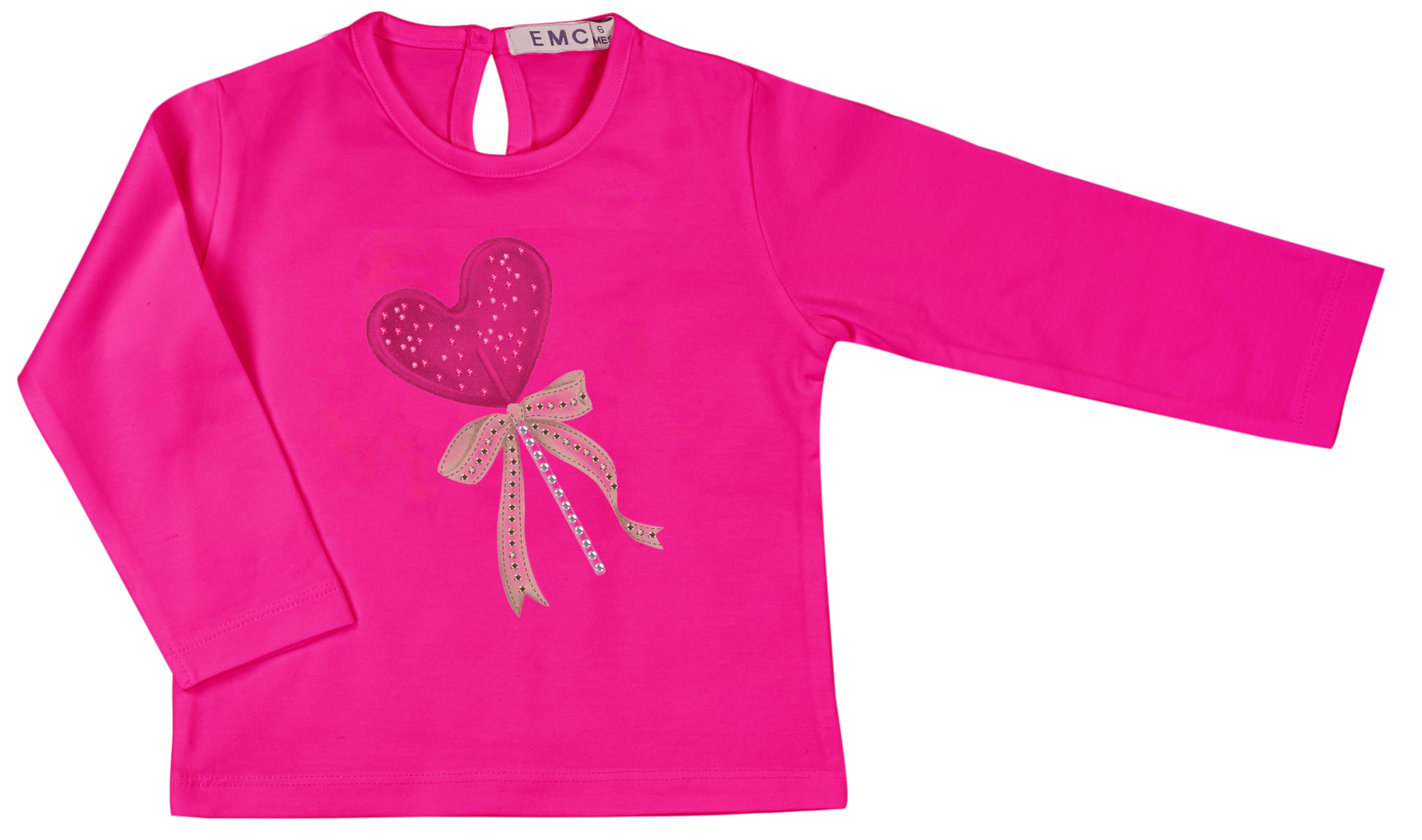 T-shirt Maniche Lunghe Bambina in Cotone Elasticizzato con Stampa a Cuore