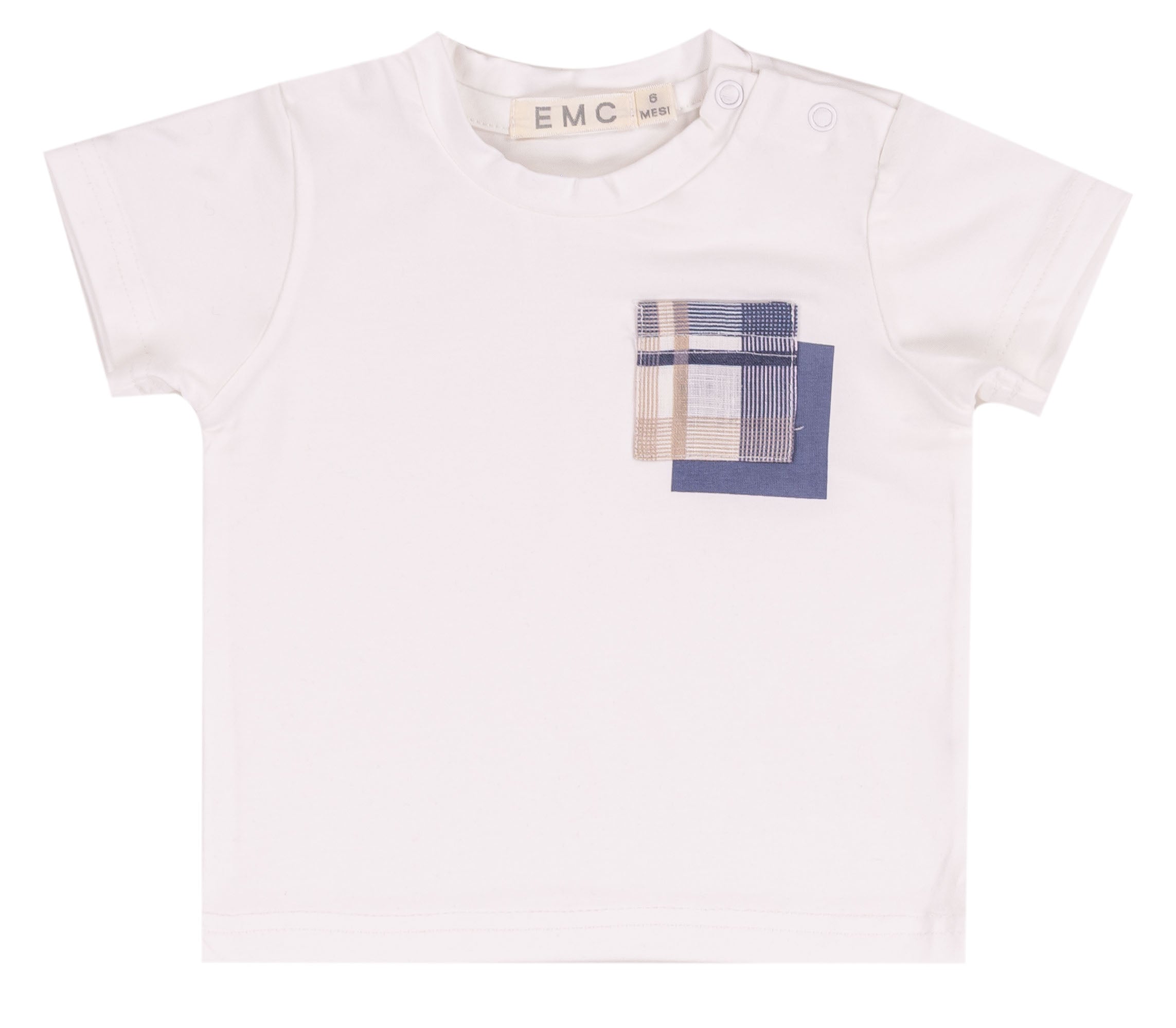 T-shirt Bambino in Cotone Bianco con Taschino a Righe