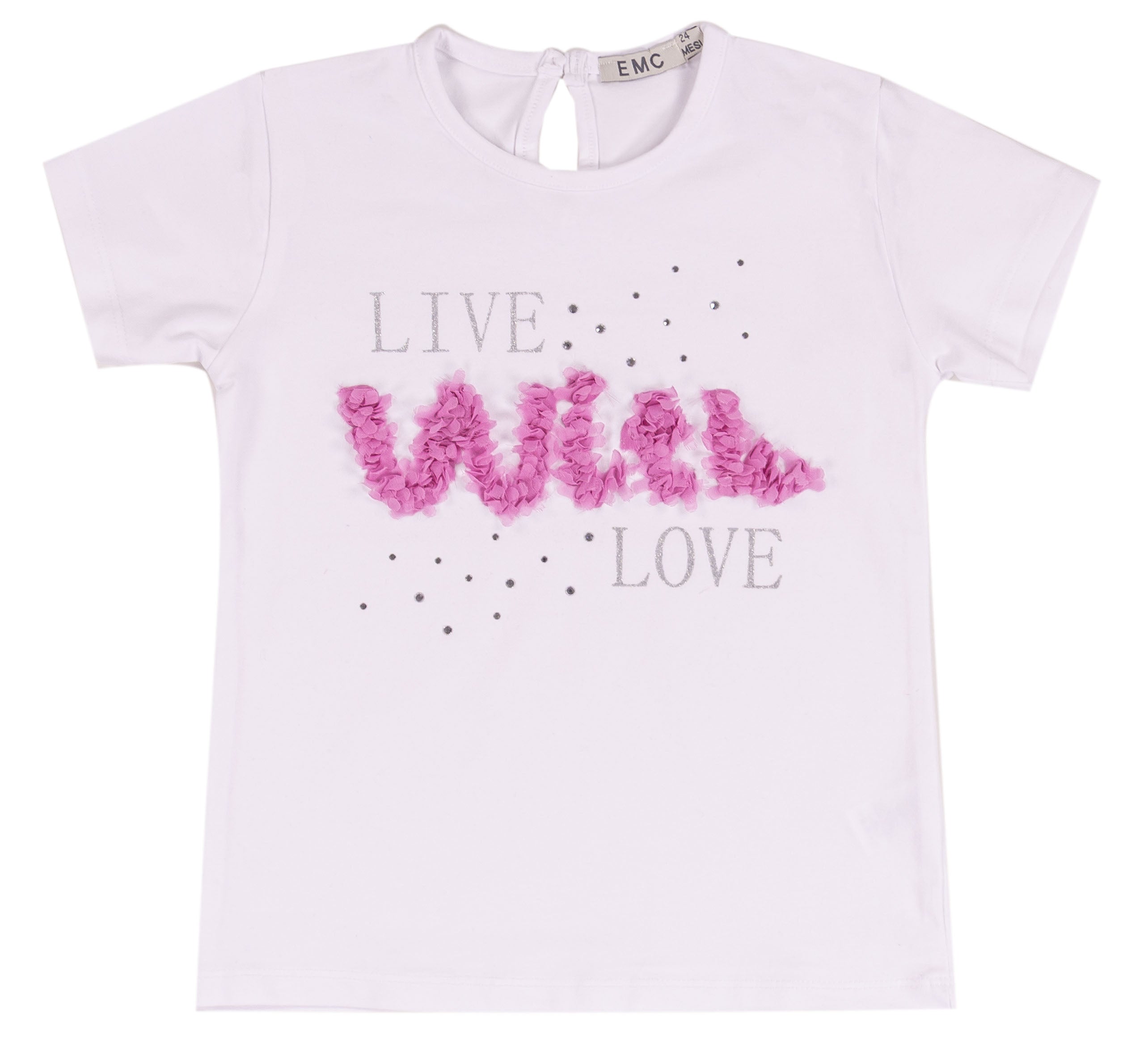 T-shirt Bambina in Misto Cotone con Volant e Scritta Tridimensionale "Live With Love"