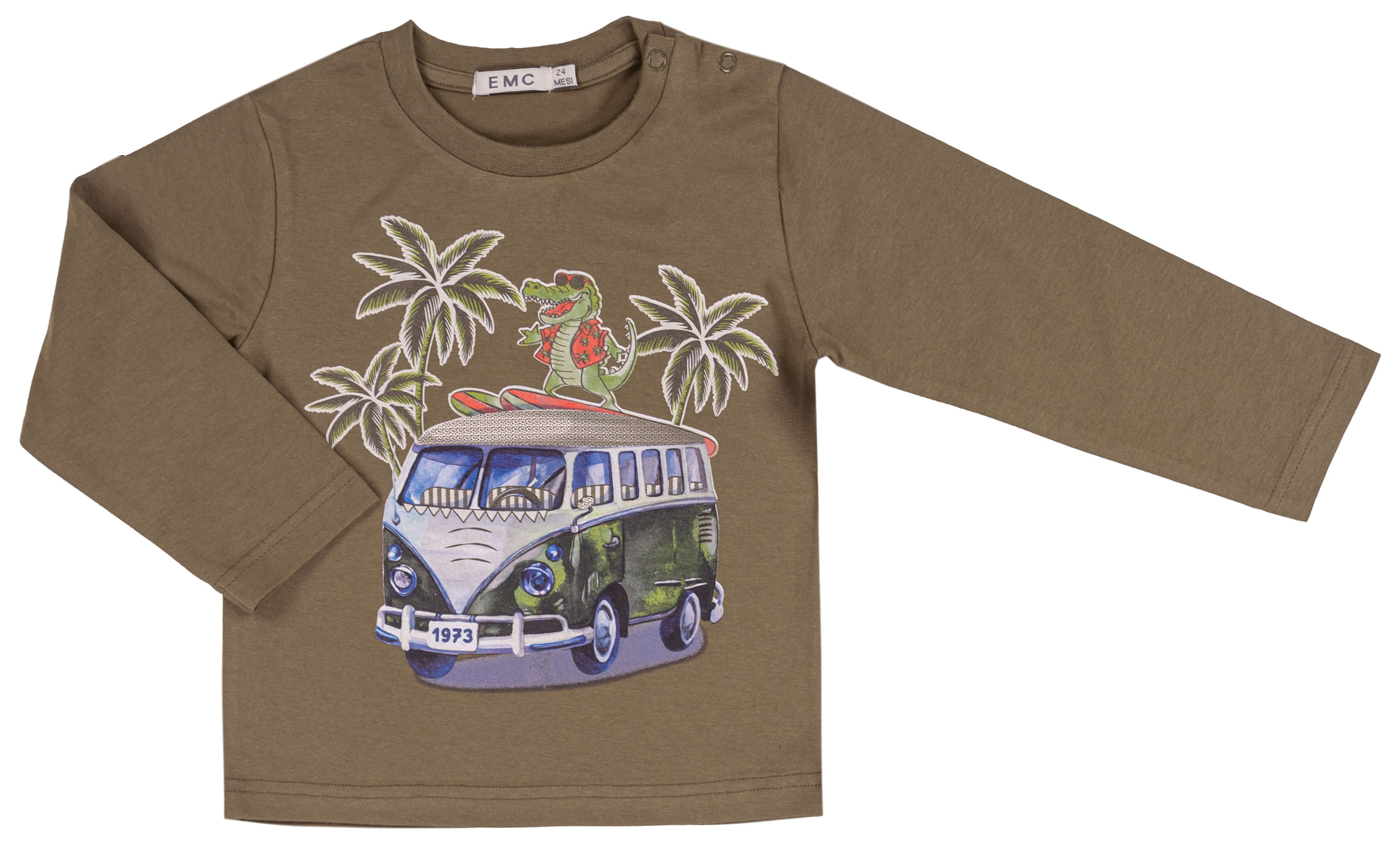 T-shirt Bambino Manica Lunga Verde Militare con Stampa Surf