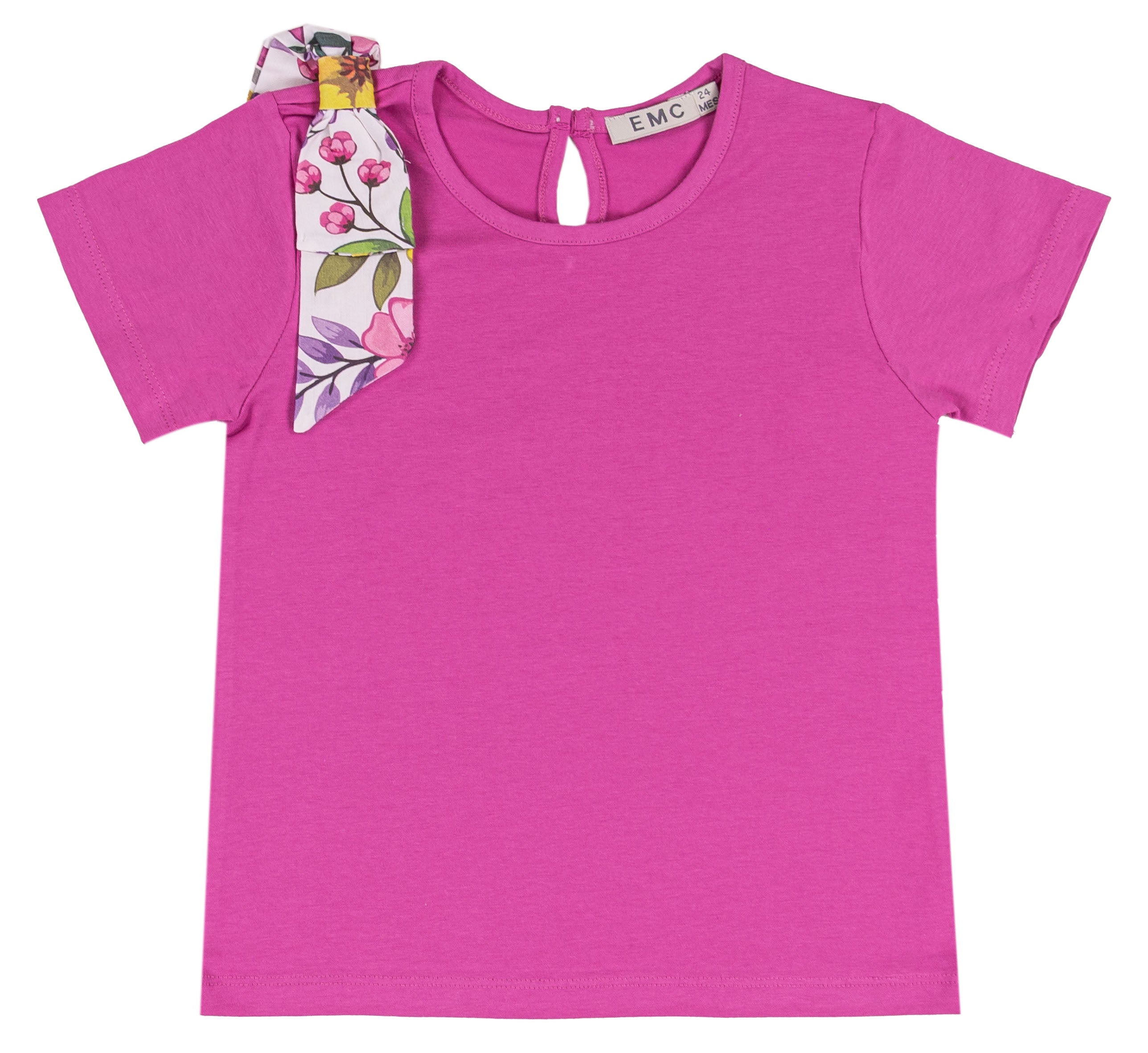 T-shirt Bimba Manica Corta Fucsia Plum in Cotone con Fiocco Floreale
