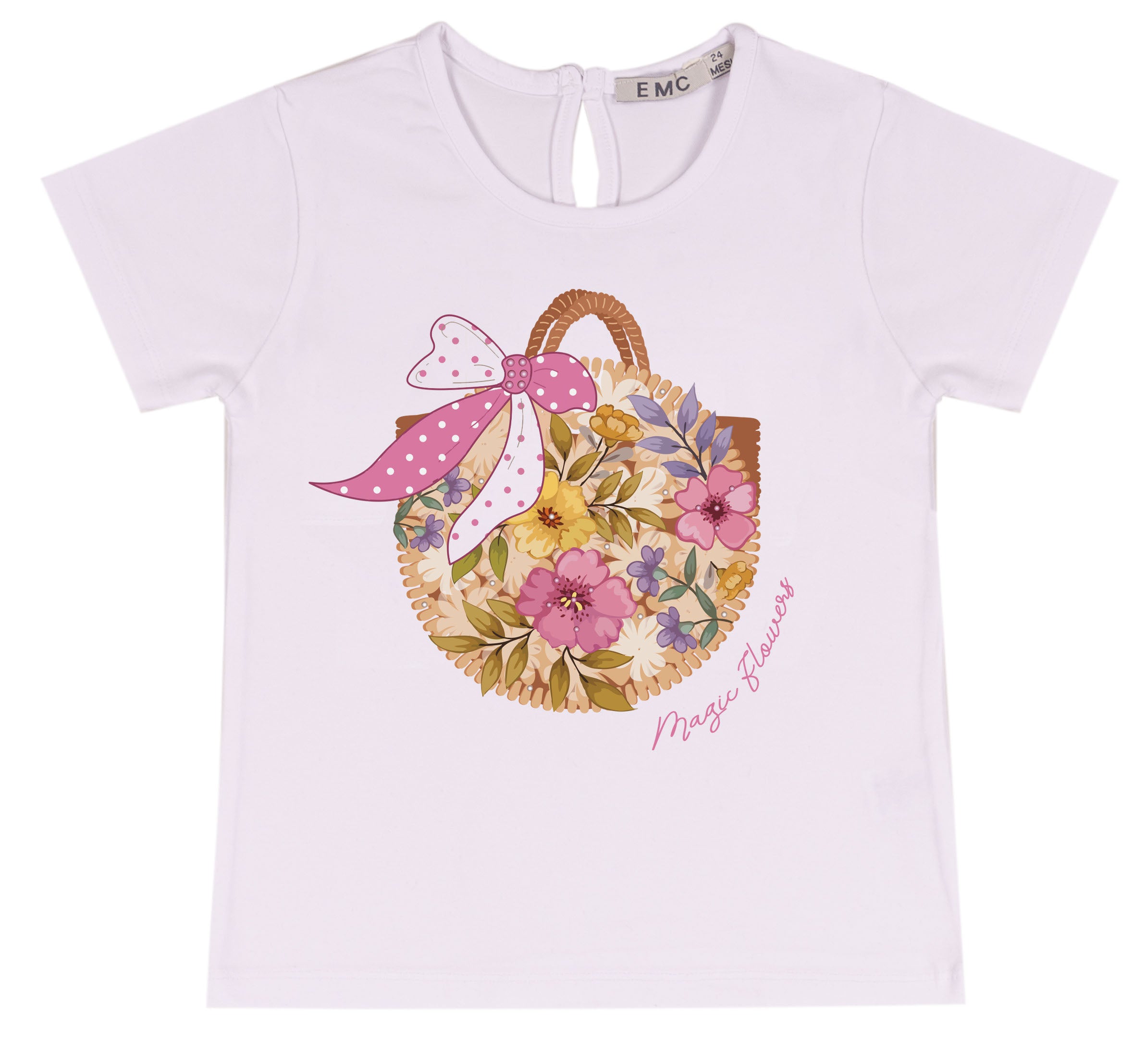 T-shirt Bambina in Cotone Elasticizzato con Stampa Cesto Floreale