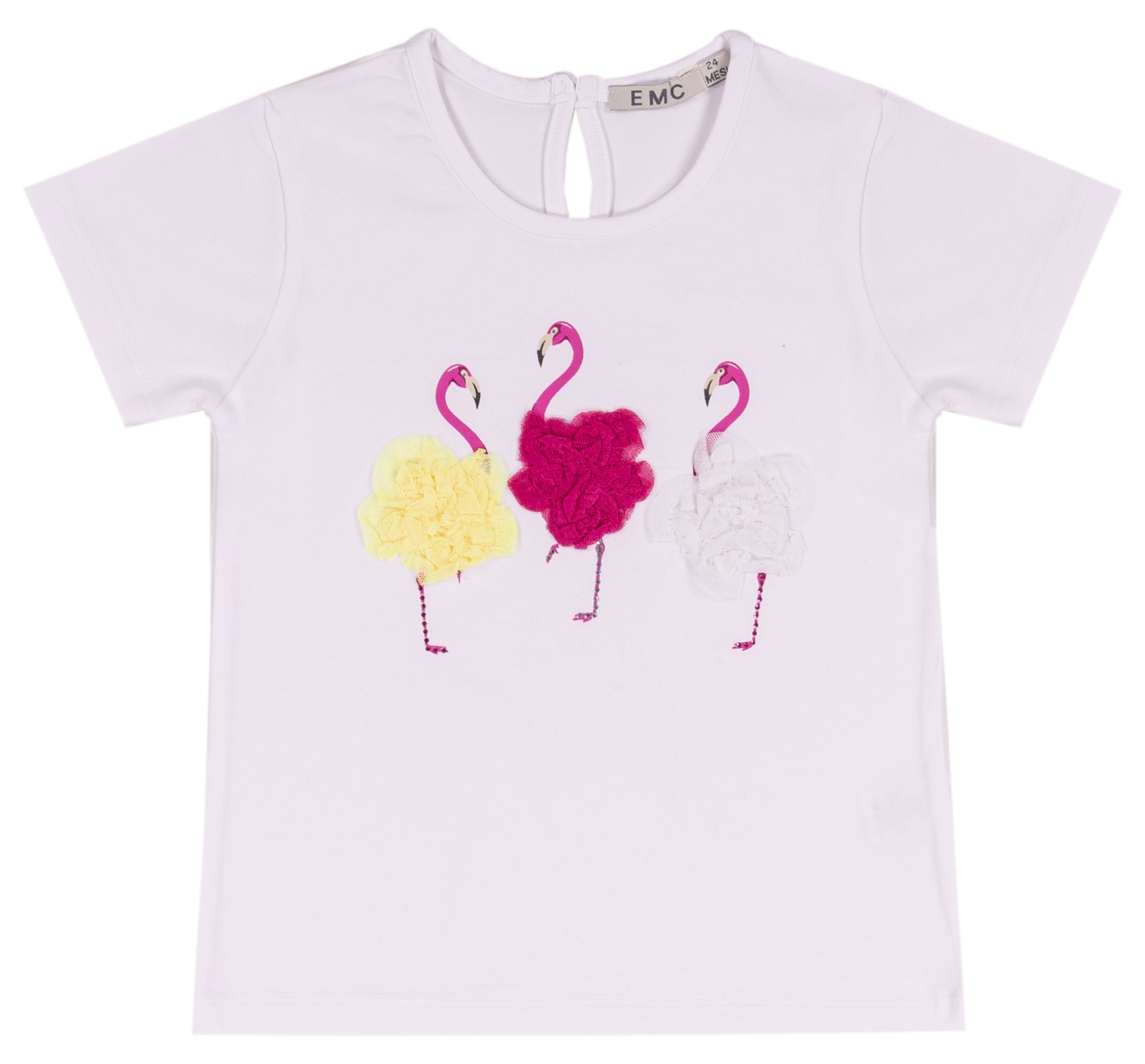 T-shirt Bambina in Cotone Elasticizzato con Fenicotteri Tridimensionali