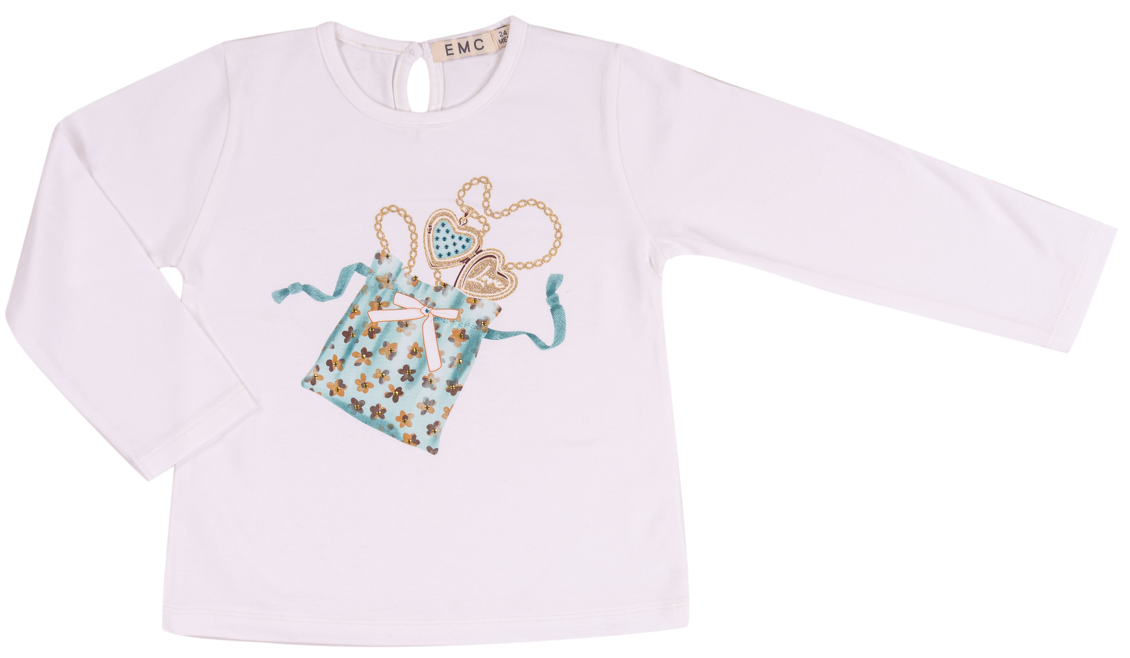 T-shirt Bambina Bianca Manica Lunga con Grafica Ciondoli