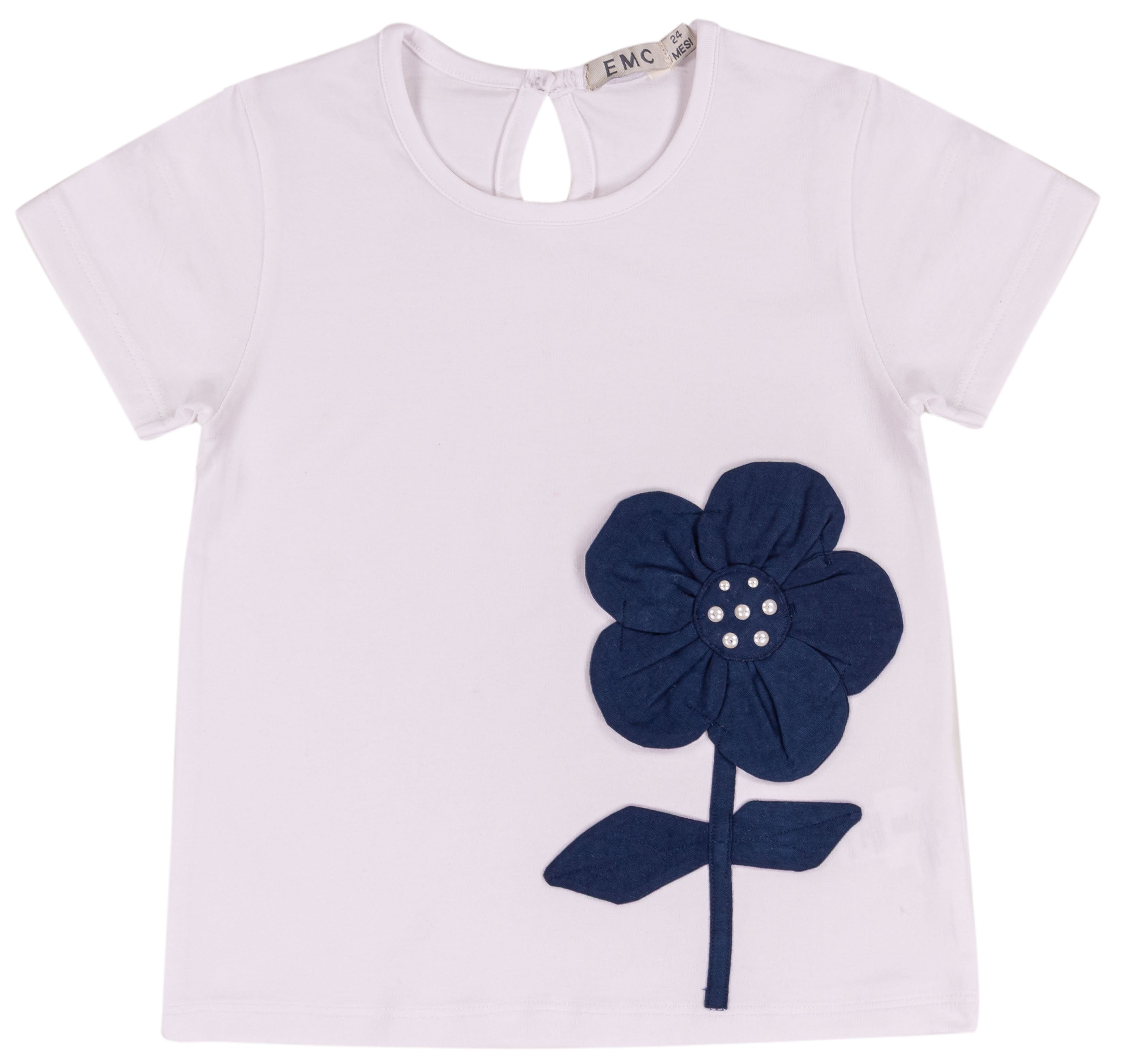 T-shirt Bimba in Cotone Bianco con Maxi Fiore Blu e Perline