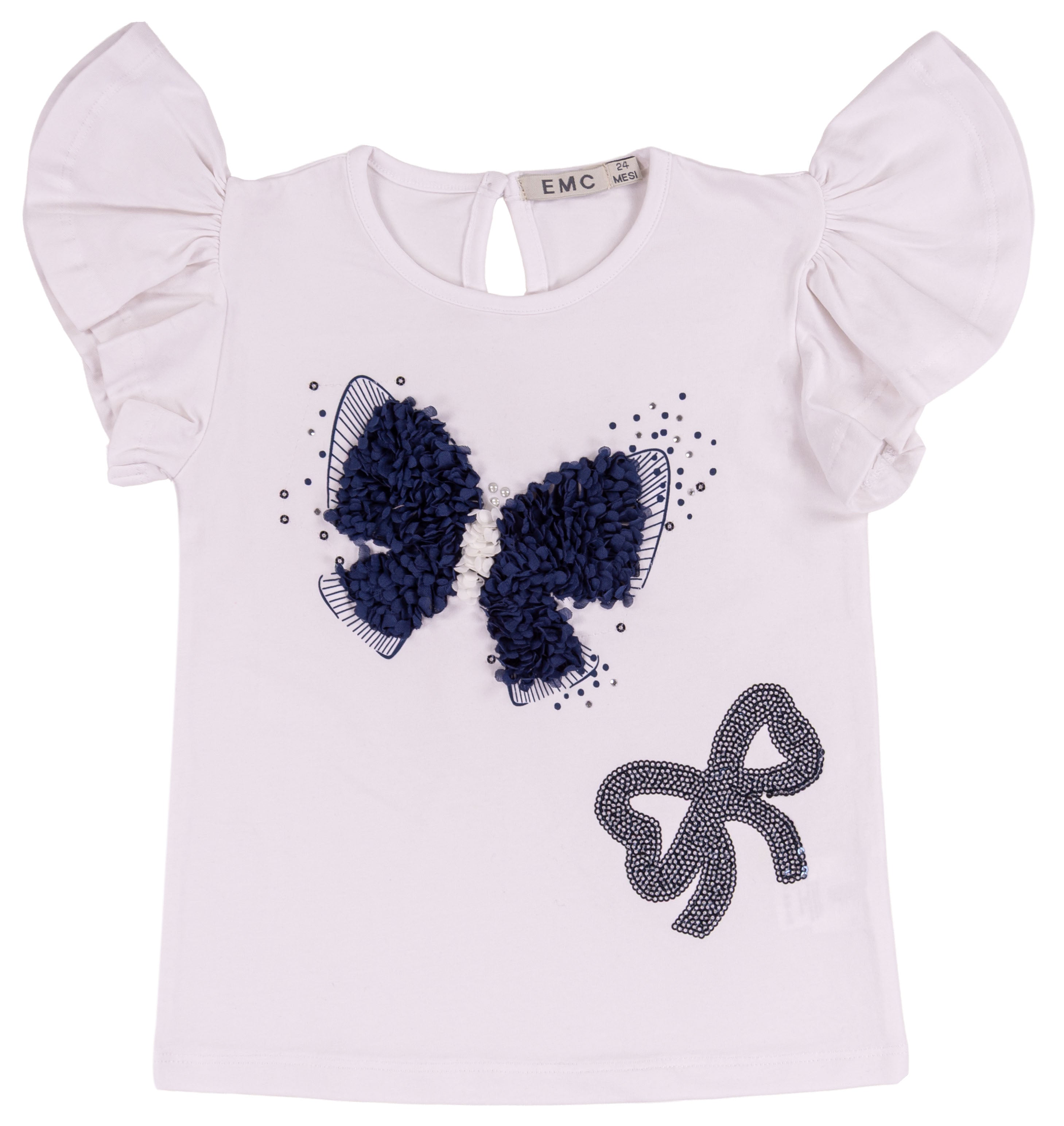 T-shirt Bimba in Cotone Bianco con Volant e Farfalla 3D