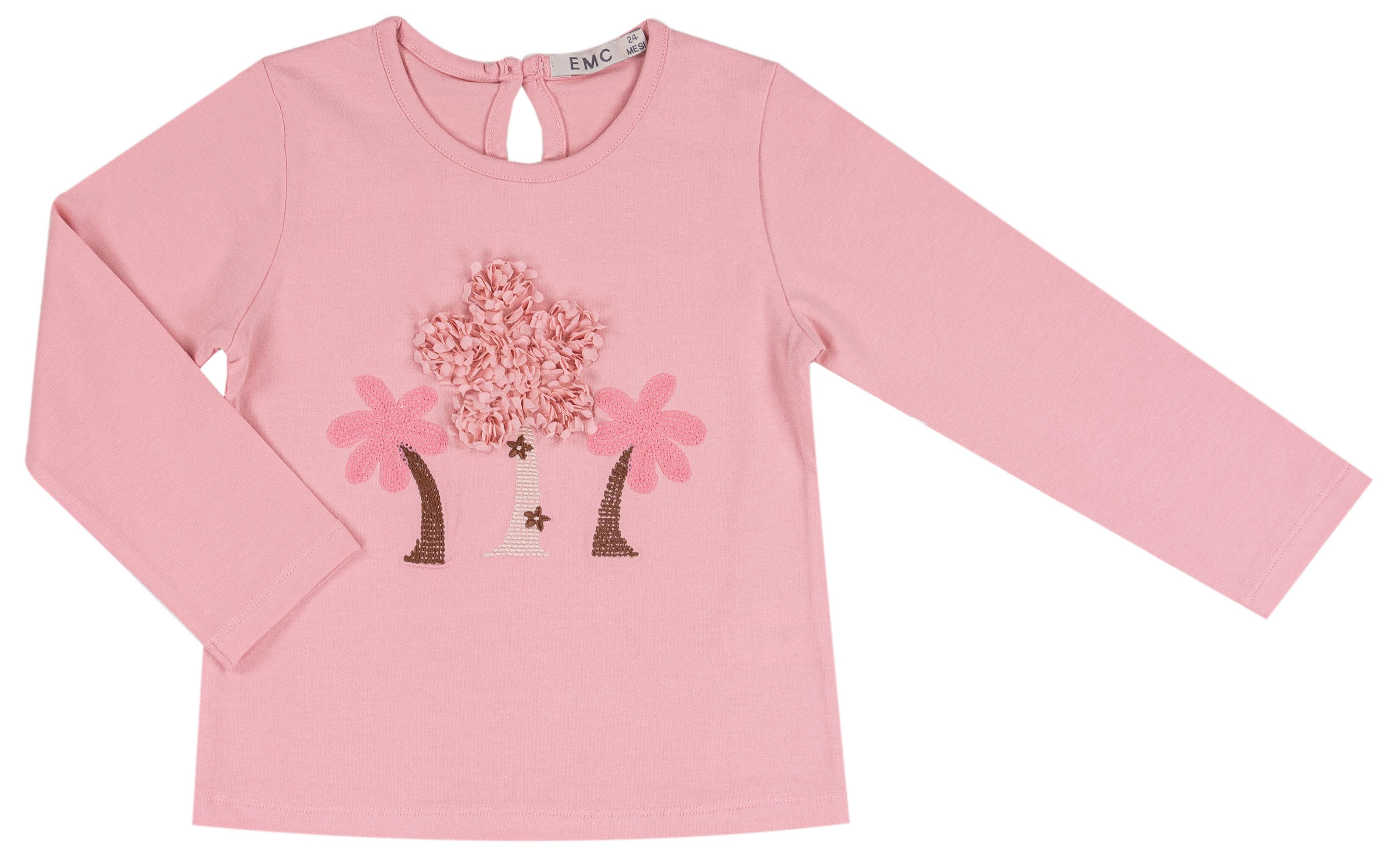 T-shirt Bimba Manica Lunga Rosa con Palme e Fiori 3D