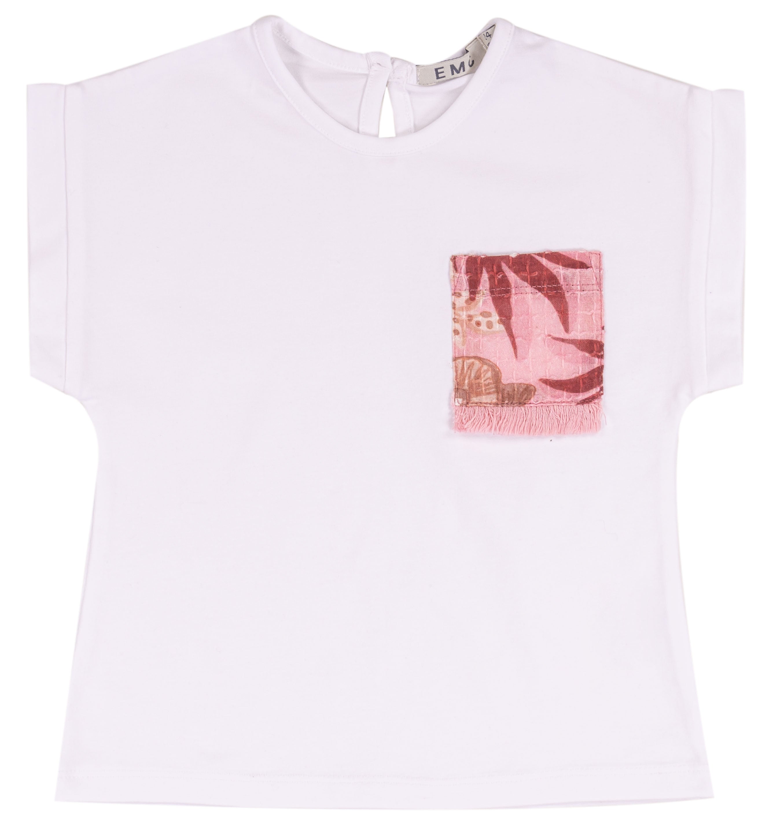 T-shirt Bambina in Cotone Elasticizzato con Taschino Stampato e Frange