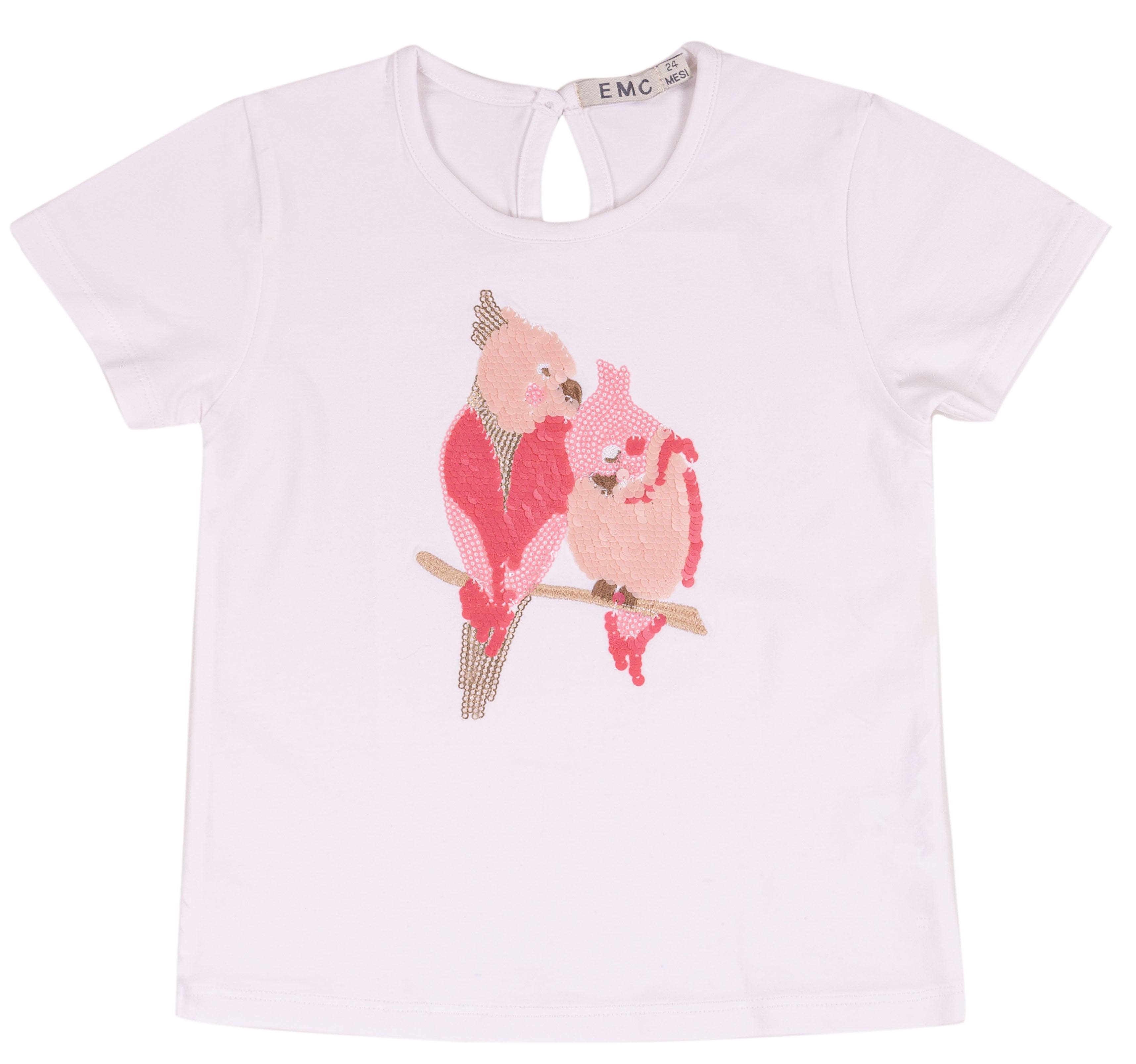 T-shirt Bimba Manica Corta in Cotone con Pappagalli in Paillettes