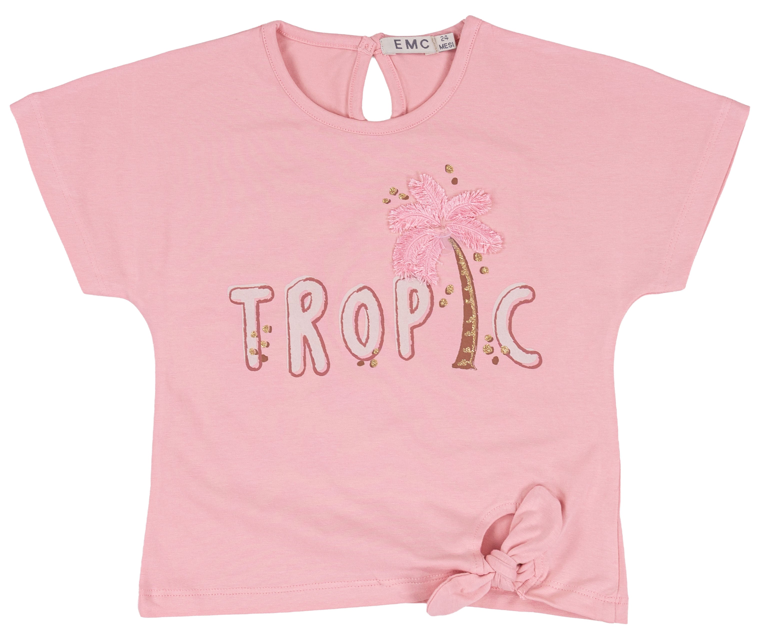 T-shirt Bambina in Cotone Elasticizzato con Scritta "Tropic" e Palma