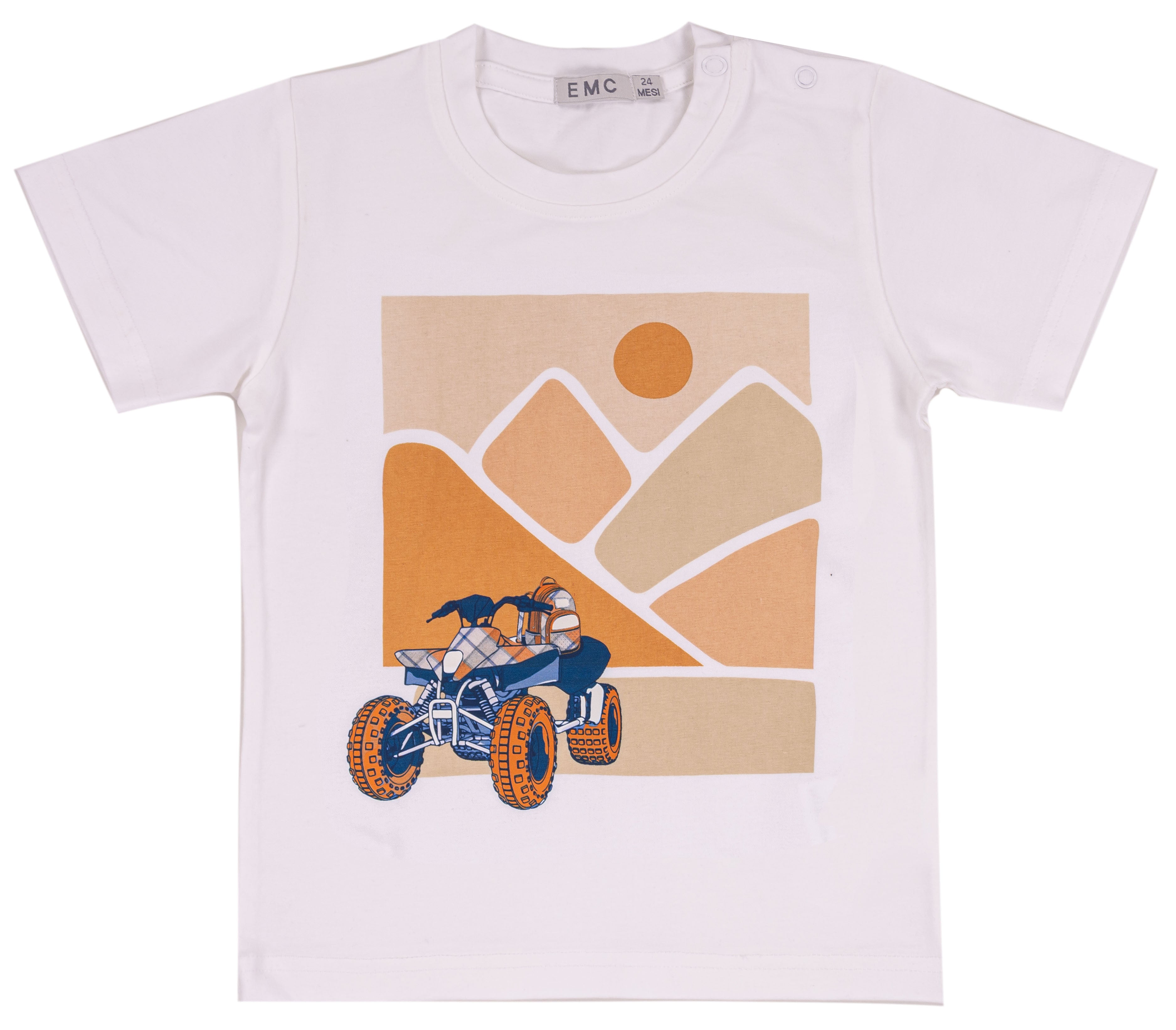 T-Shirt Bambino in Cotone Elasticizzato Bianca con Stampa Quad