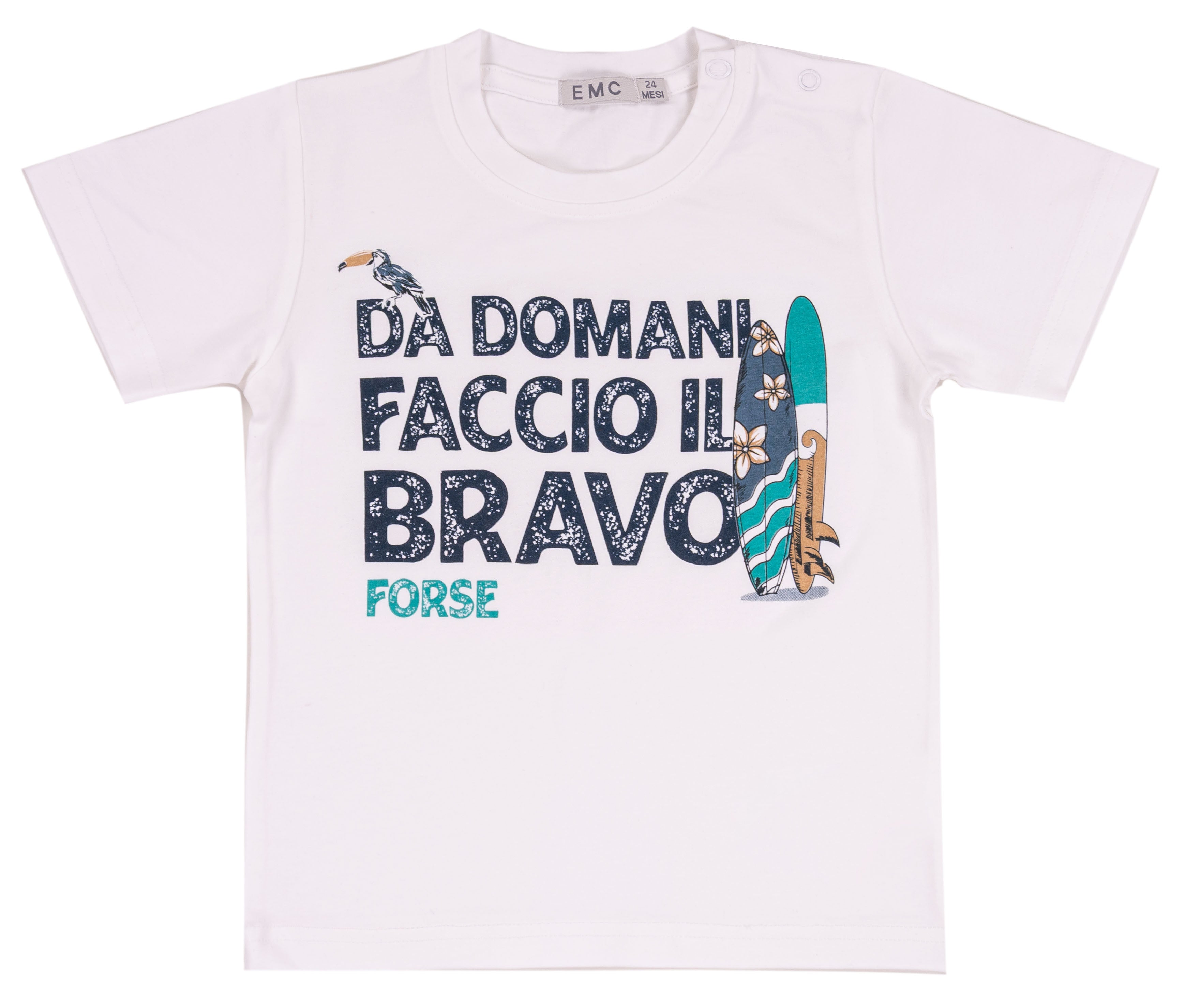 T-shirt Bambino Bianca "Da Domani Faccio il Bravo" con Grafica Surf