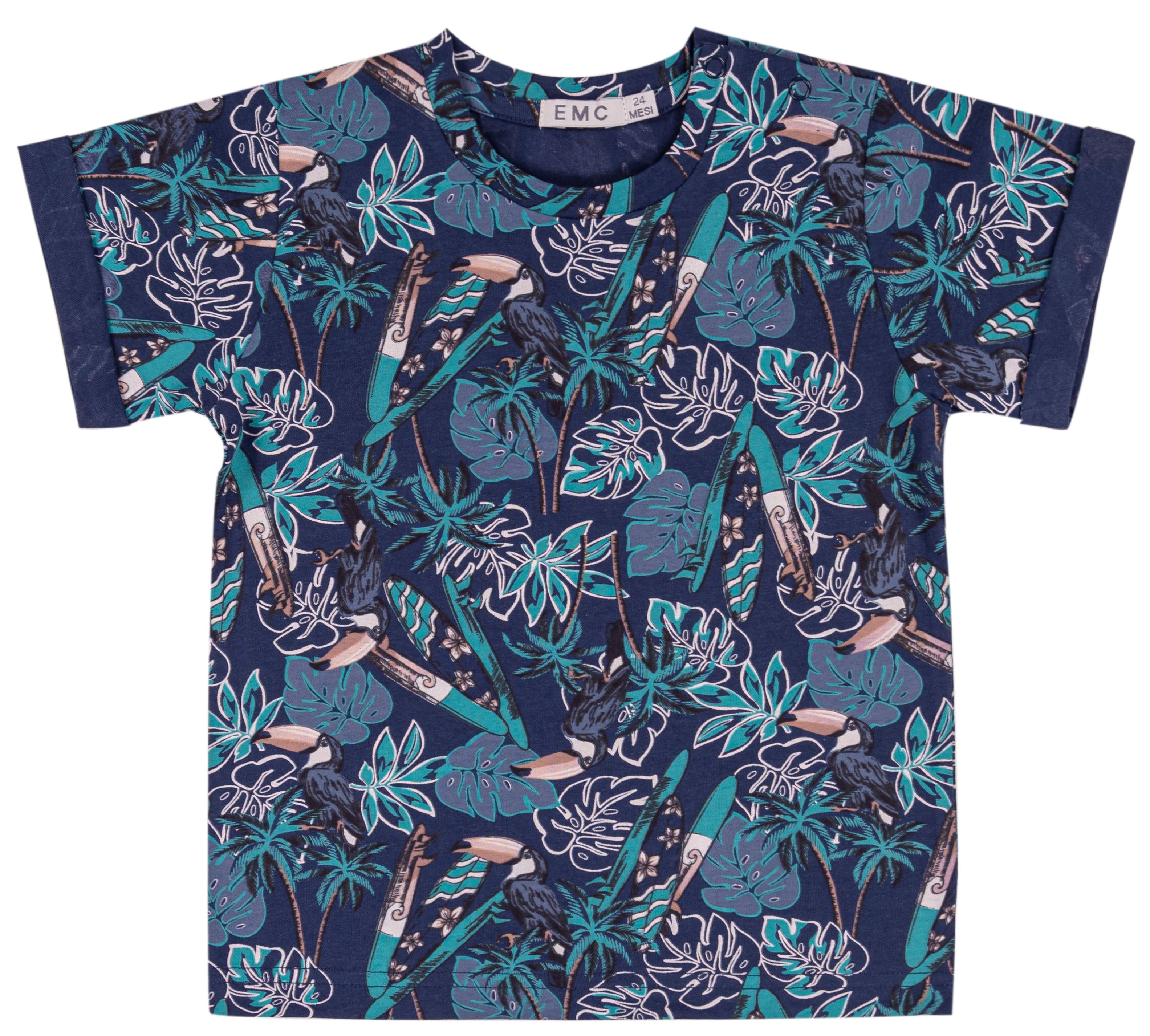T-shirt Bambino Blu Navy con Stampa All-Over Tropicale e Tucani