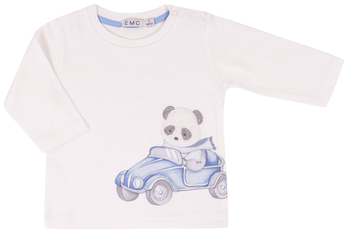 Maglia Bimbo EMC Panna con Panda in Macchinina Azzurra
