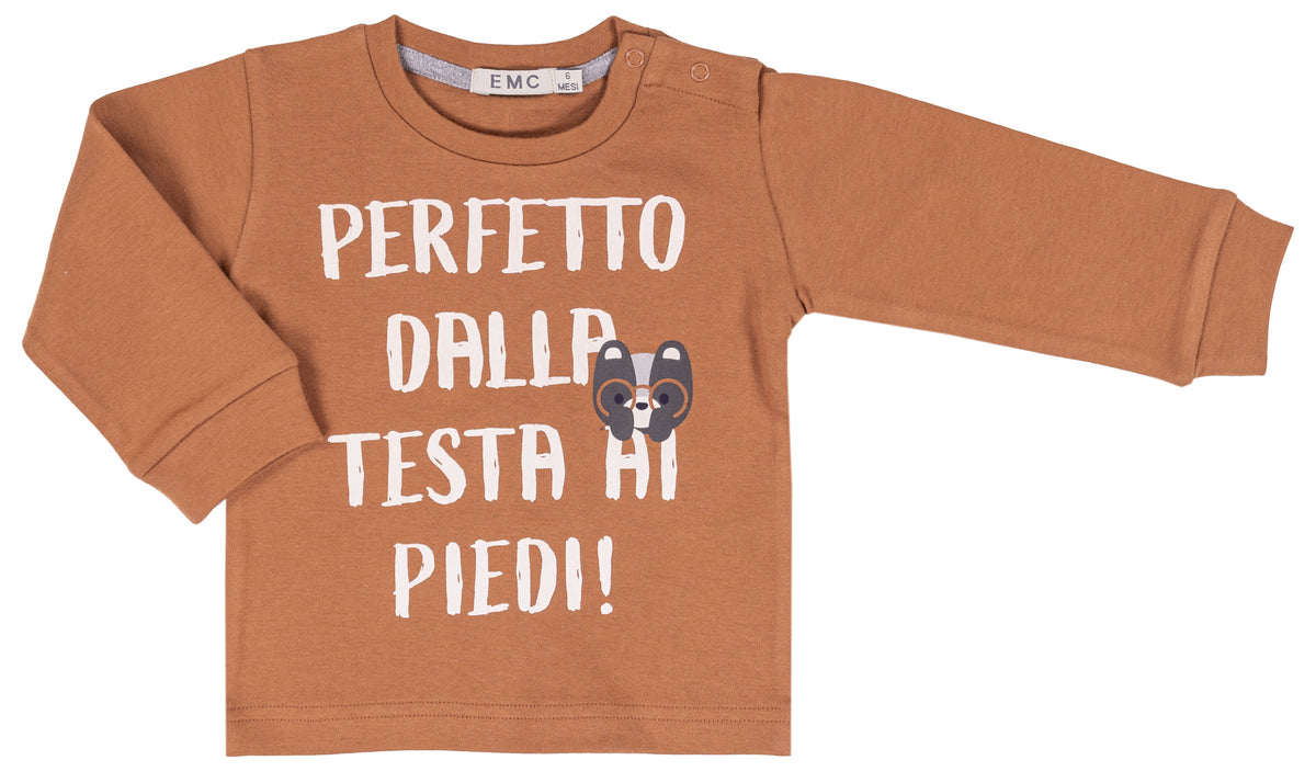 T-shirt Bimbo EMC Cammello con Scritta Perfetto dalla Testa ai Piedi