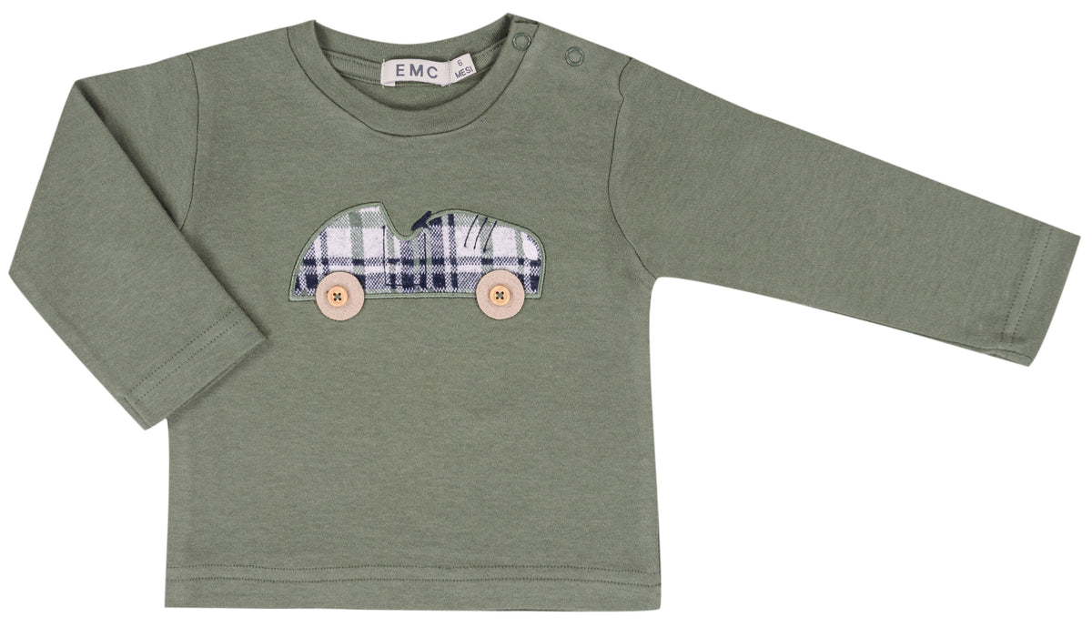 T-shirt Bimbo EMC Verde Salvia con Auto in Tartan