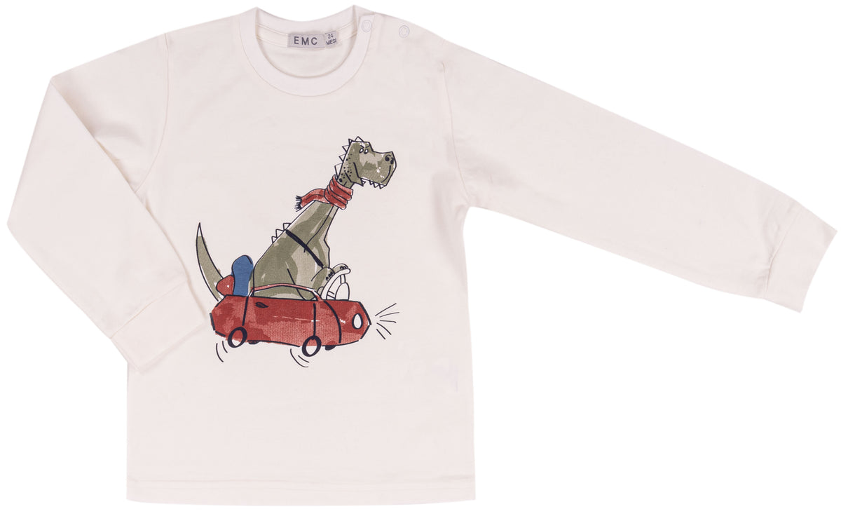 T-shirt Bimbo EMC Bianca con Dinosauro in Automobile