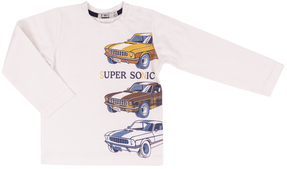 T-shirt Bimbo EMC Bianca con Stampa Auto Super Sonic