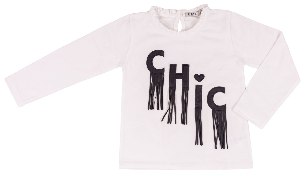 T-shirt Bimba EMC Bianca con Scritta Chic e Frange