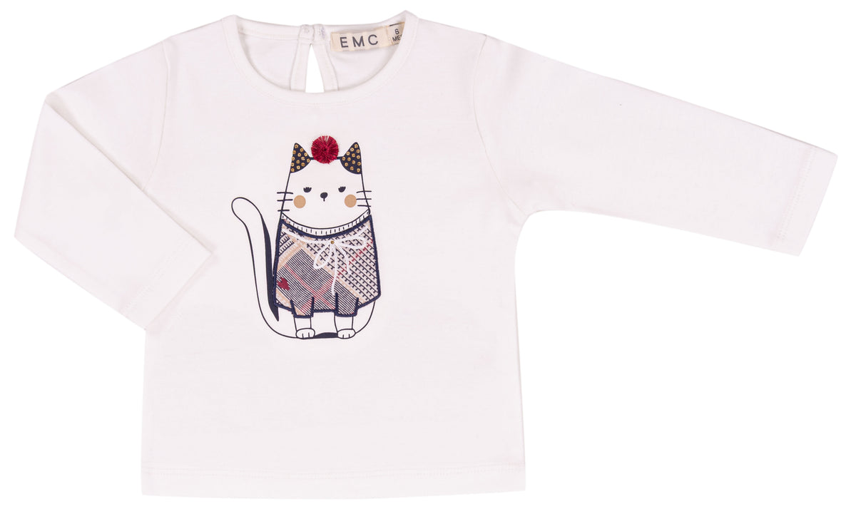 T-shirt Bimba EMC Bianca con Stampa Gattino e Pompon