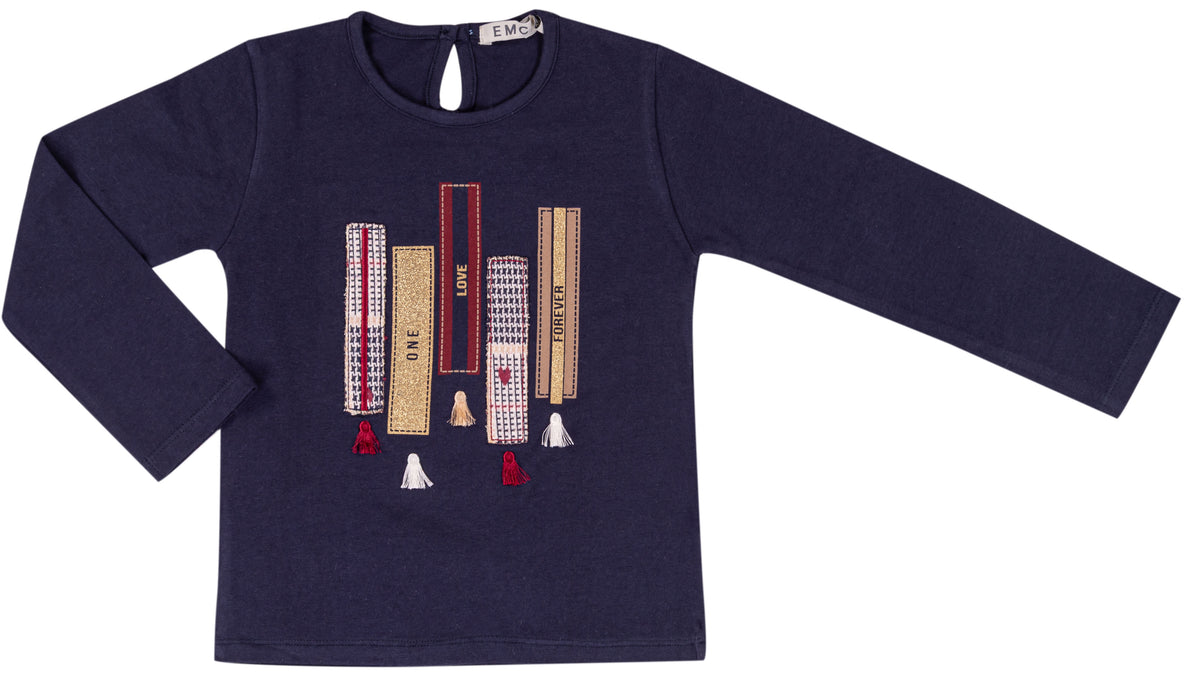 T-shirt Bimba EMC Blu con Applicazioni Nastri e Nappine