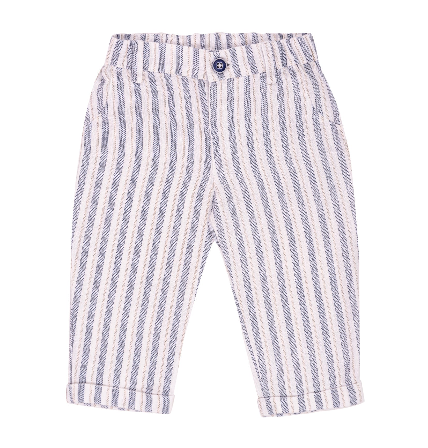 Pantalone Lungo Bambino in 100% Lino a Righe con Bottone e Passanti