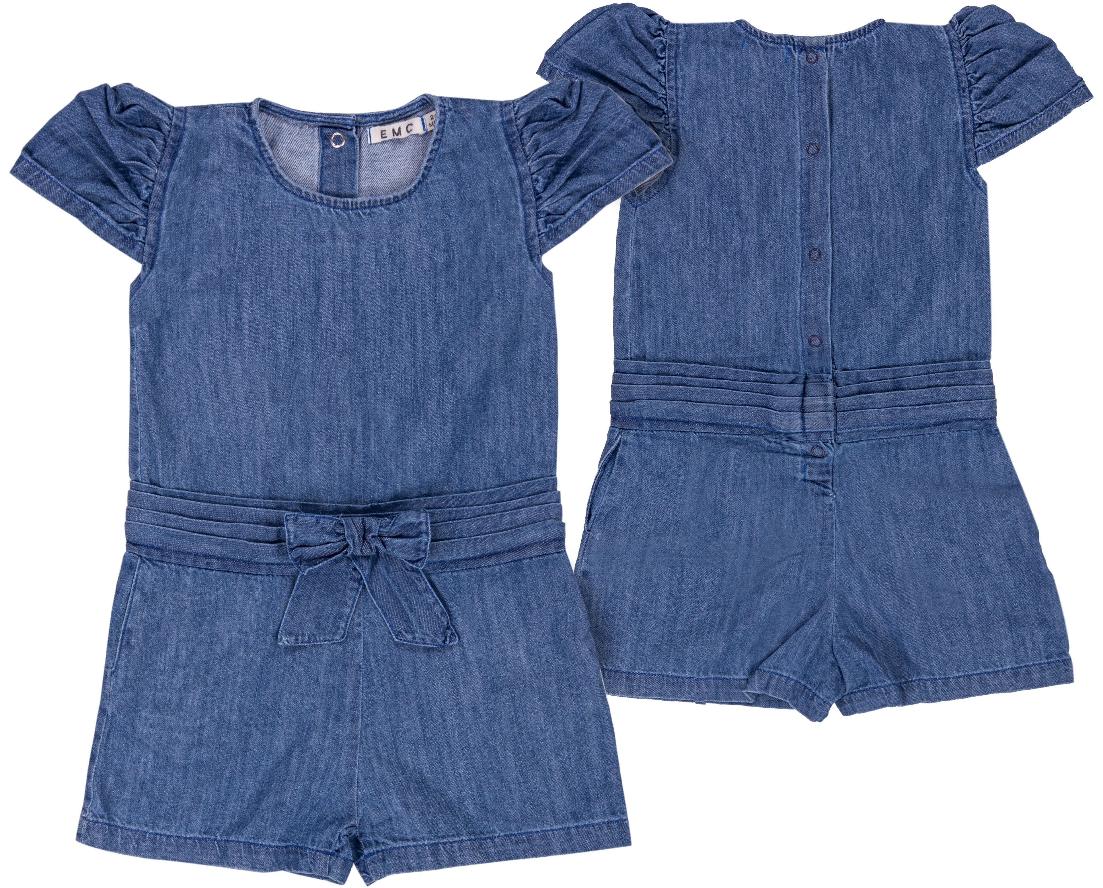 Tuta Corta Bimba EMC in Denim Leggero | Jumpsuit con Fiocco e Volant