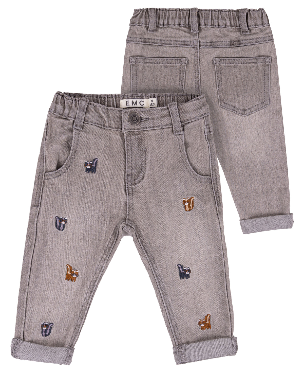 Pantalone Bimbo EMC in Denim Grigio con Ricami Animaletti