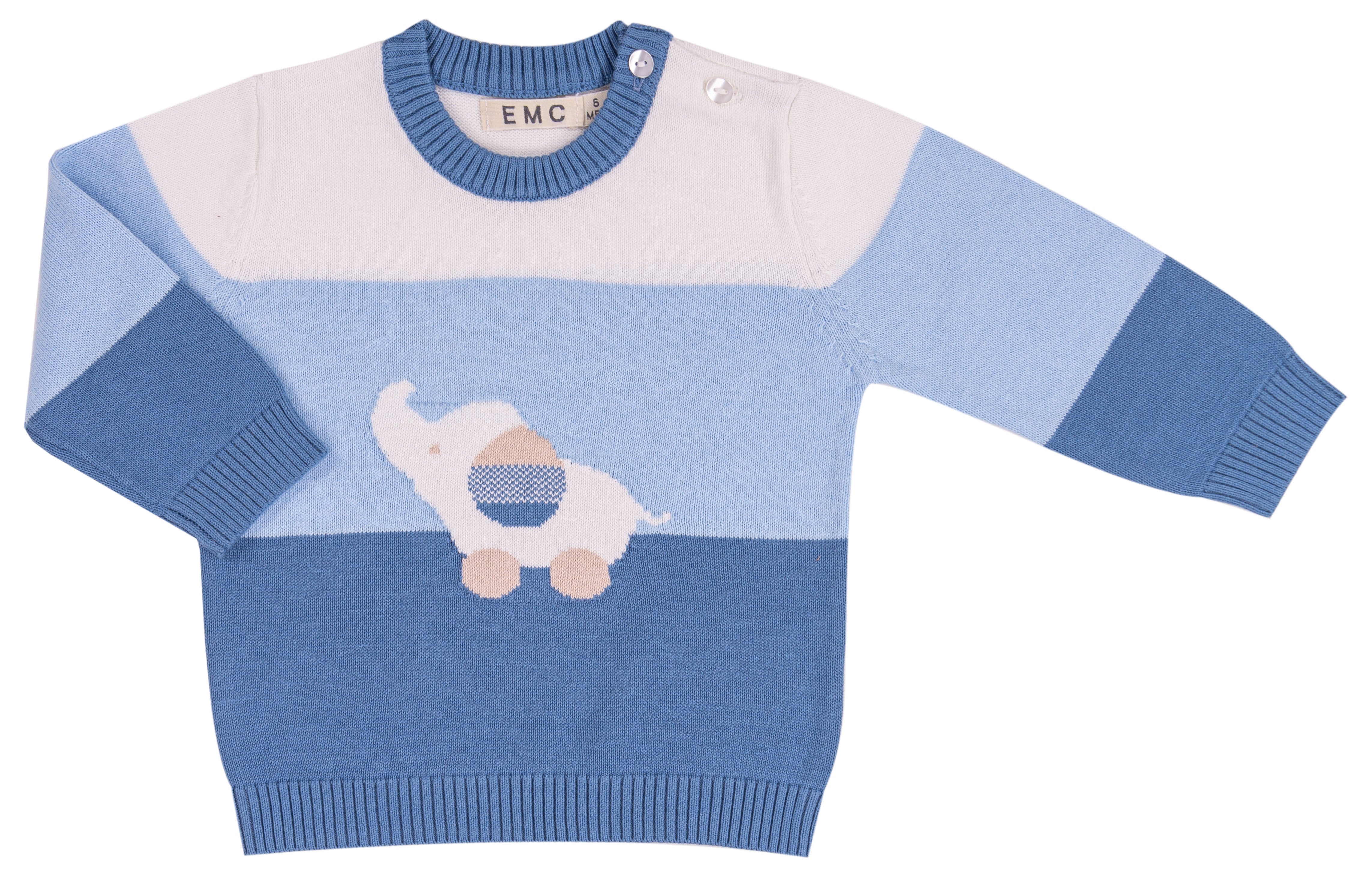 Maglioncino Bambino in 100% Cotone a Righe Blu e Celeste con Elefantino