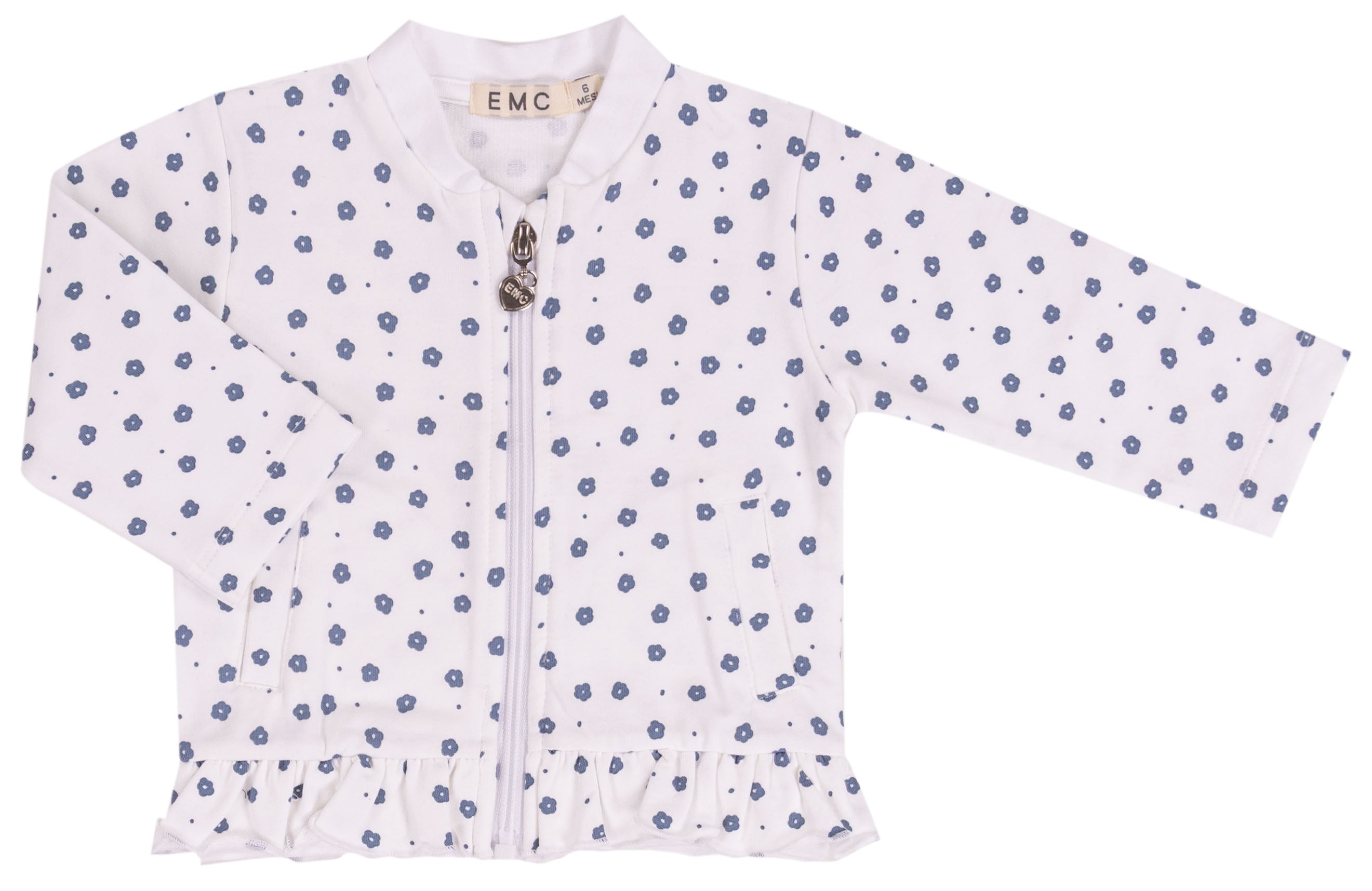 Giacchina Bambina Bianca a Fiori Blu in Cotone Elasticizzato con Zip