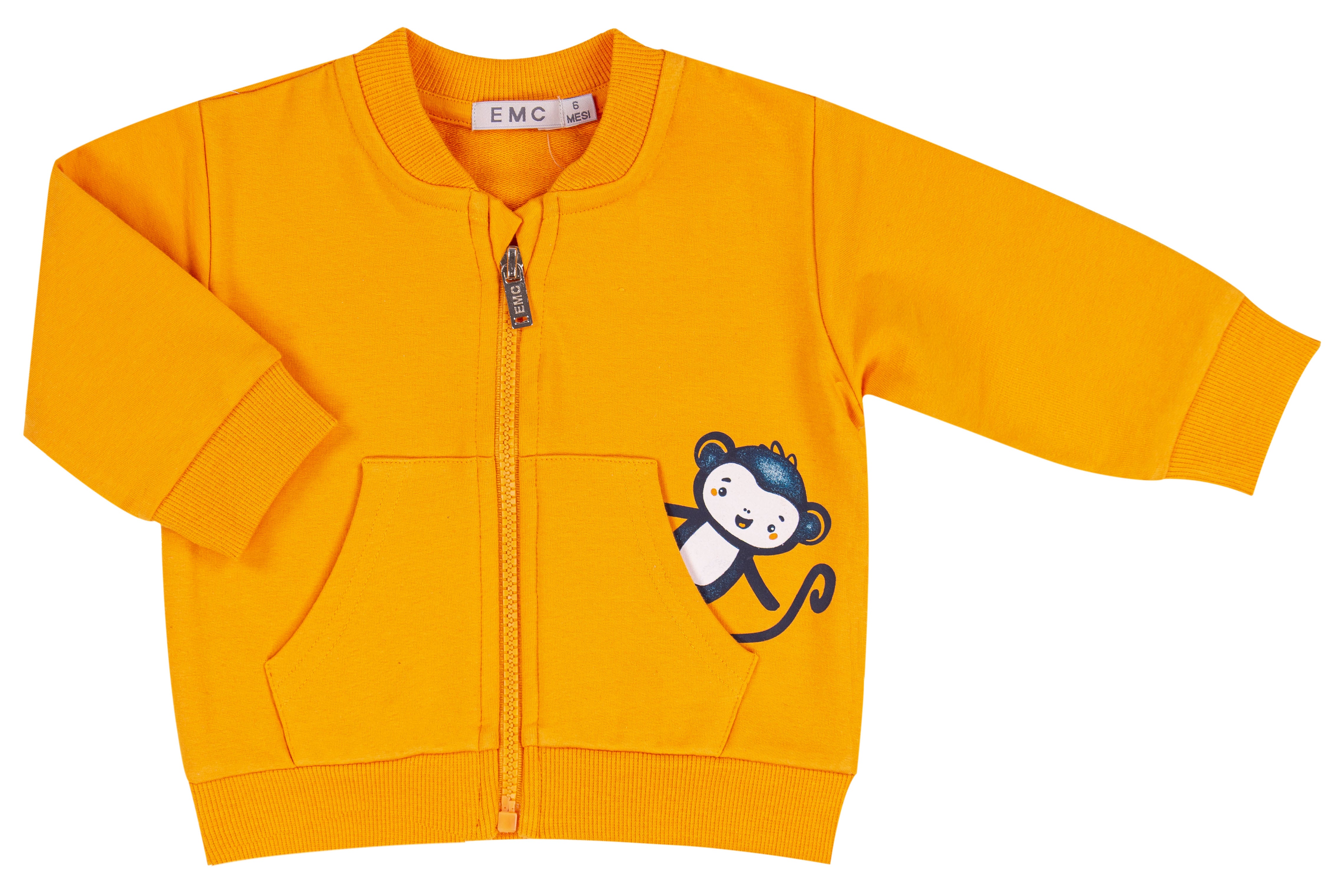 Felpa Bambino Giallo Senape con Zip e Grafica Scimmietta