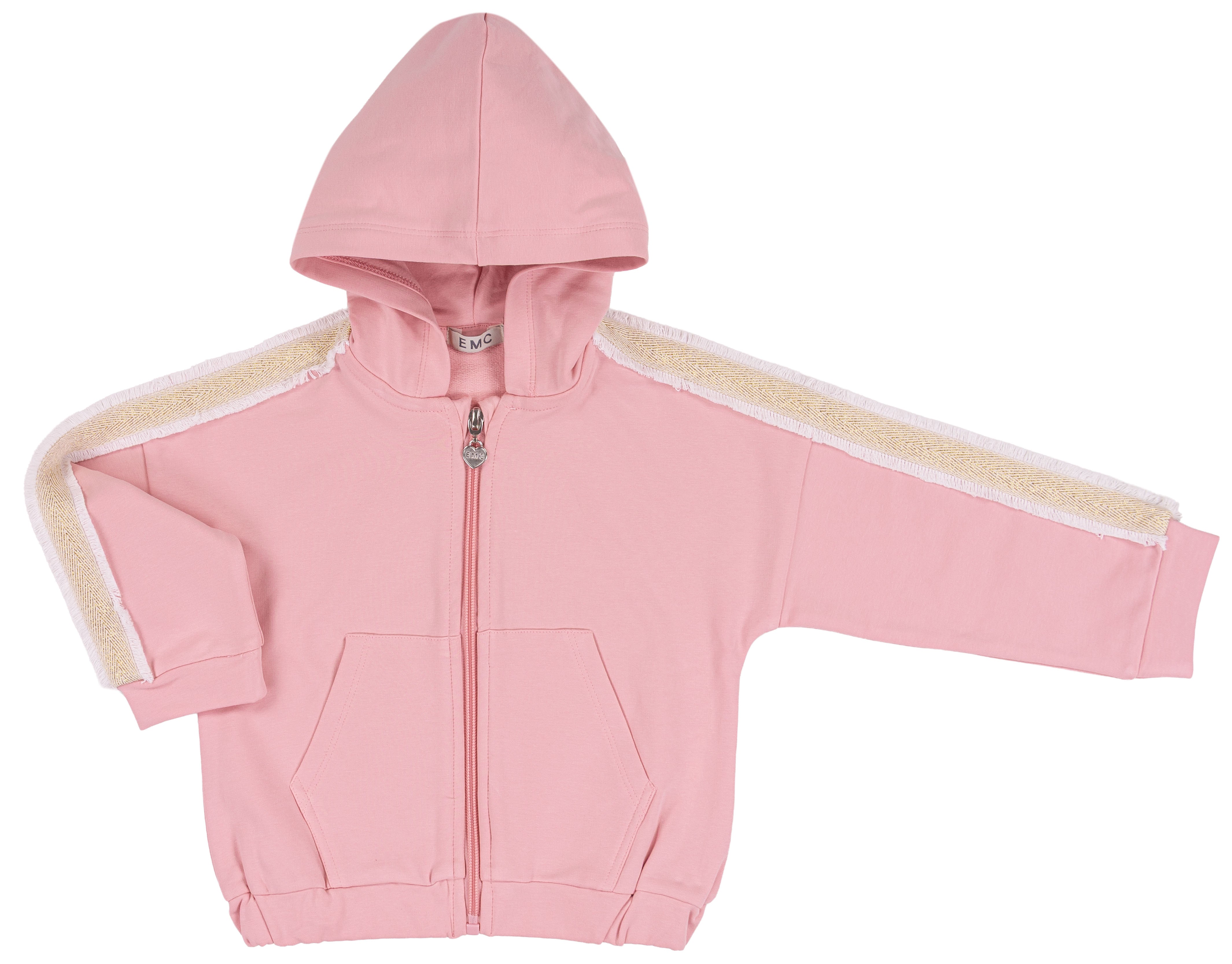 Felpa Bimba con Cappuccio e Zip Rosa Cipria con Bande Glitter Oro
