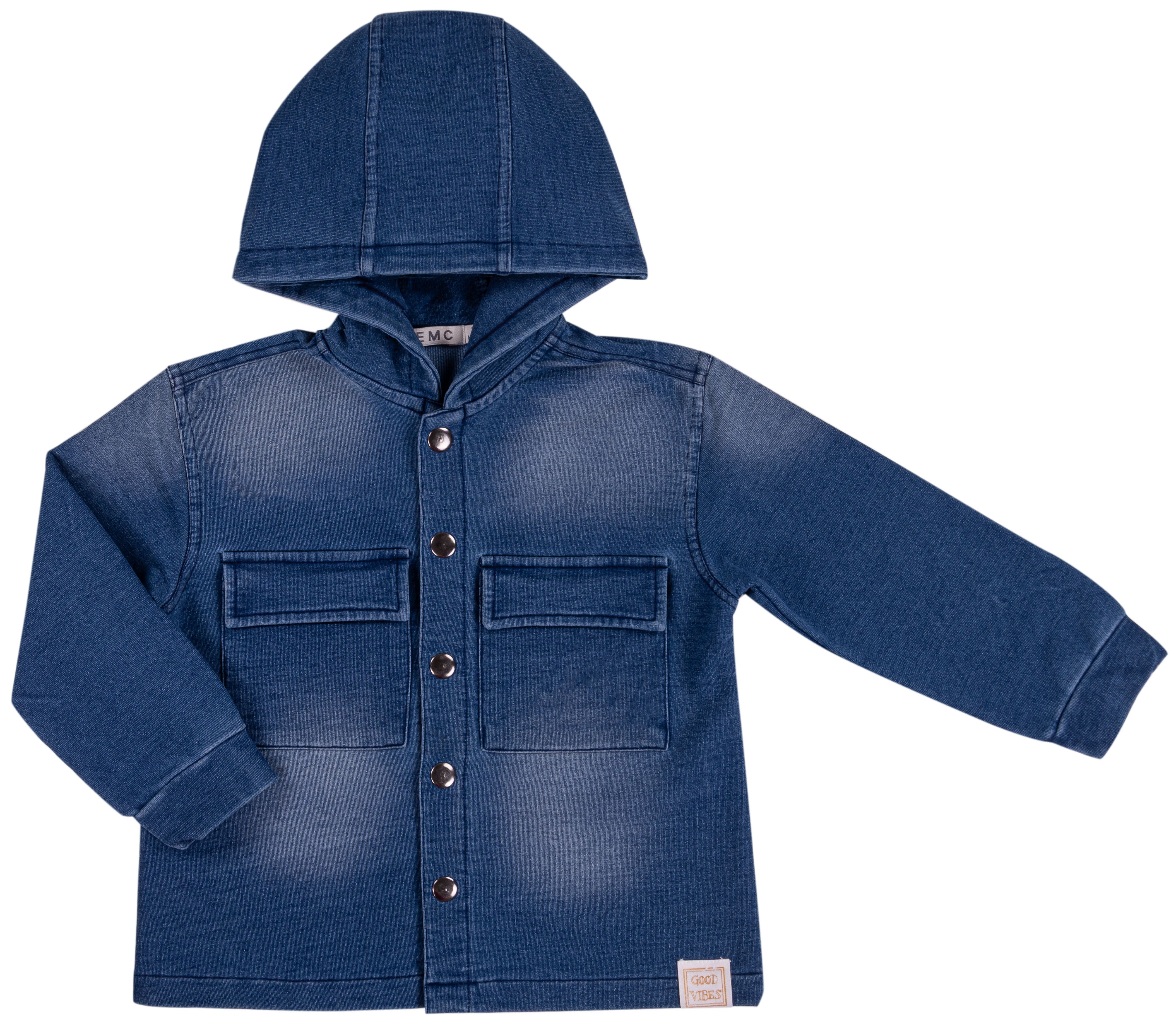 Giacca Bambino con Cappuccio Effetto Denim con Bottoni e Taschini