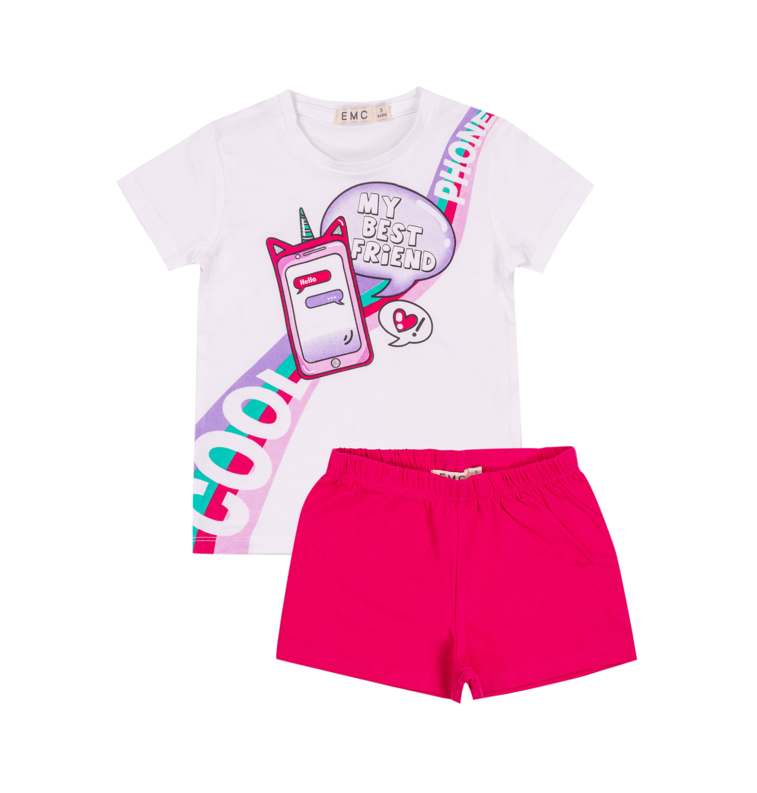 Completo Bimba EMC "Cool Phone" | T-shirt Stampata e Shorts Fucsia